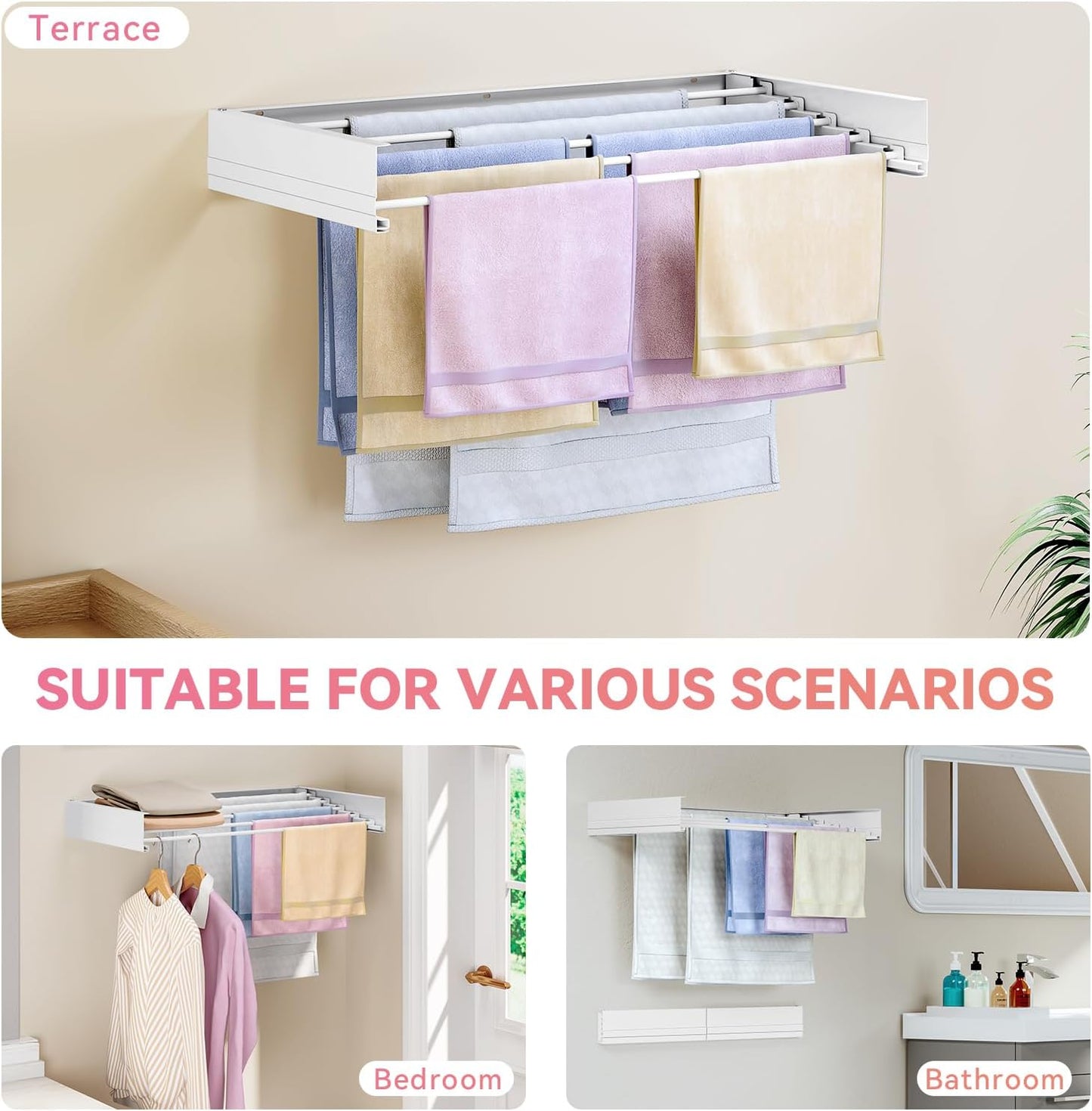 APEXCHASER Wall Mounted Clothes Drying Rack, Laundry Drying Rack Retractable, Towel Racks for Bathroom Balcony Laundry Room Wall Mounted, Foldable Drying Rack for Clothing, 31.5", White