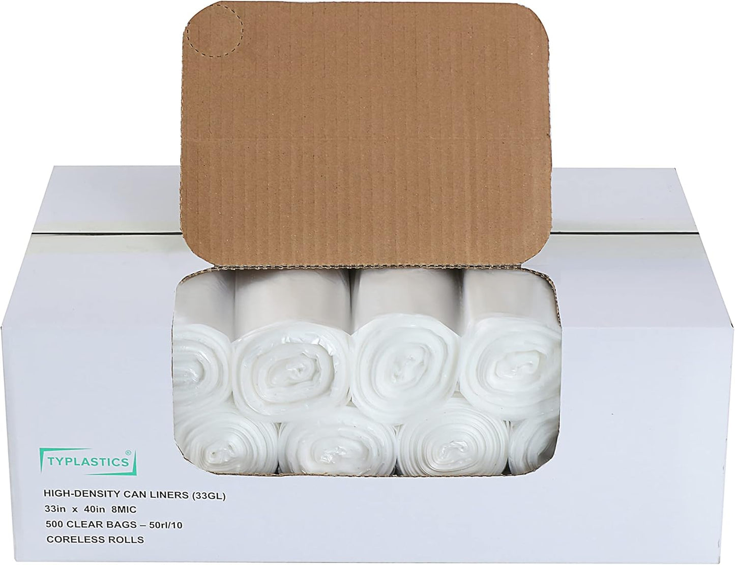 TYPLASTICS 33 Gallon Clear Trash Can Liners - 33" x 40" - High Density Garbage Bags - Case of 500 - Multipurpose for Office, Outdoor, Recycling, Industrial and Commercial