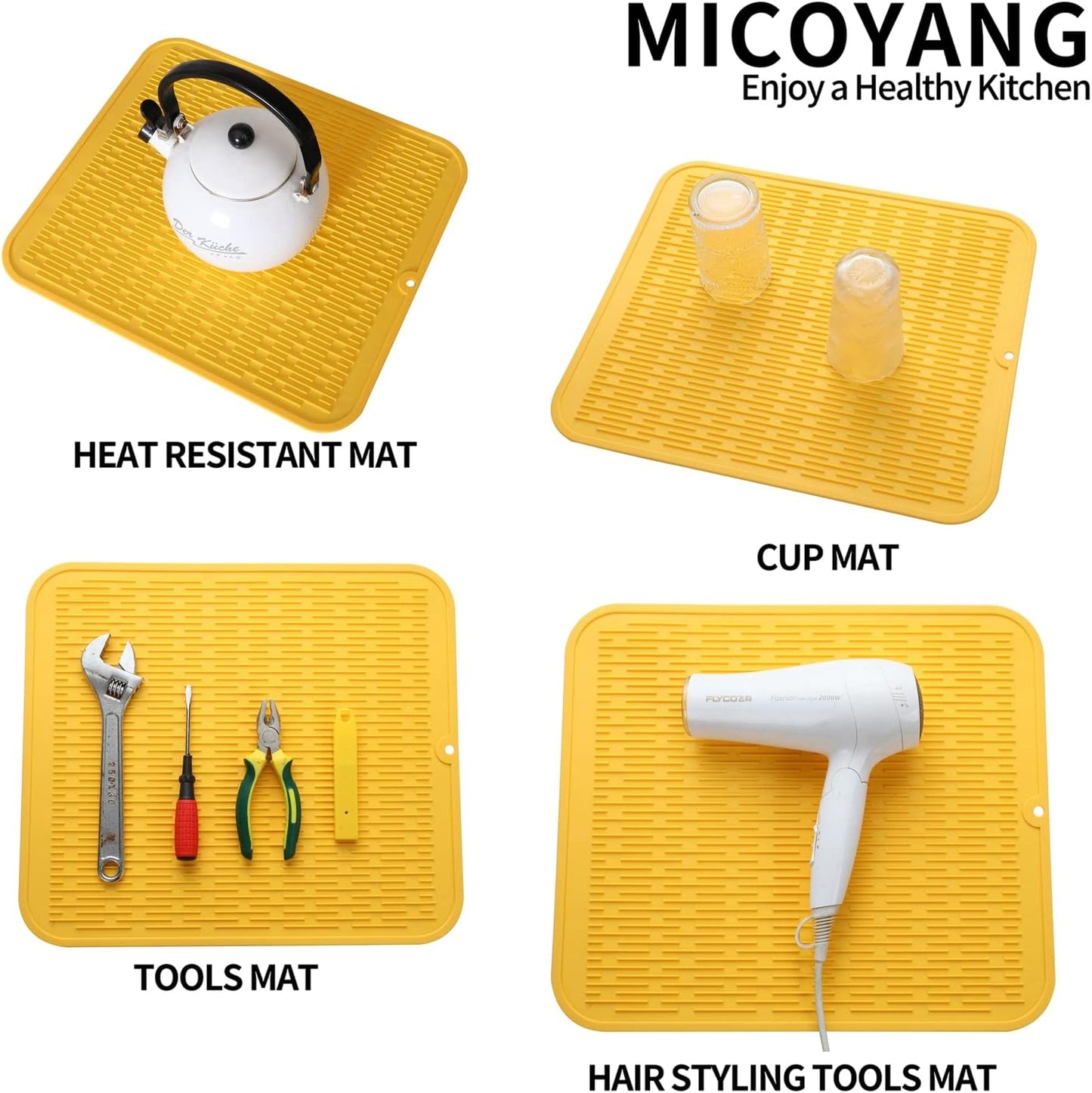 Silicone Dish Drying Mat for Multiple Usage,Easy clean,Eco-friendly,Heat-resistant Silicone Mat for Kitchen Counter or Sink,Refrigerator or Drawer Liner Yellow 2XL 24 inches x 18 inches