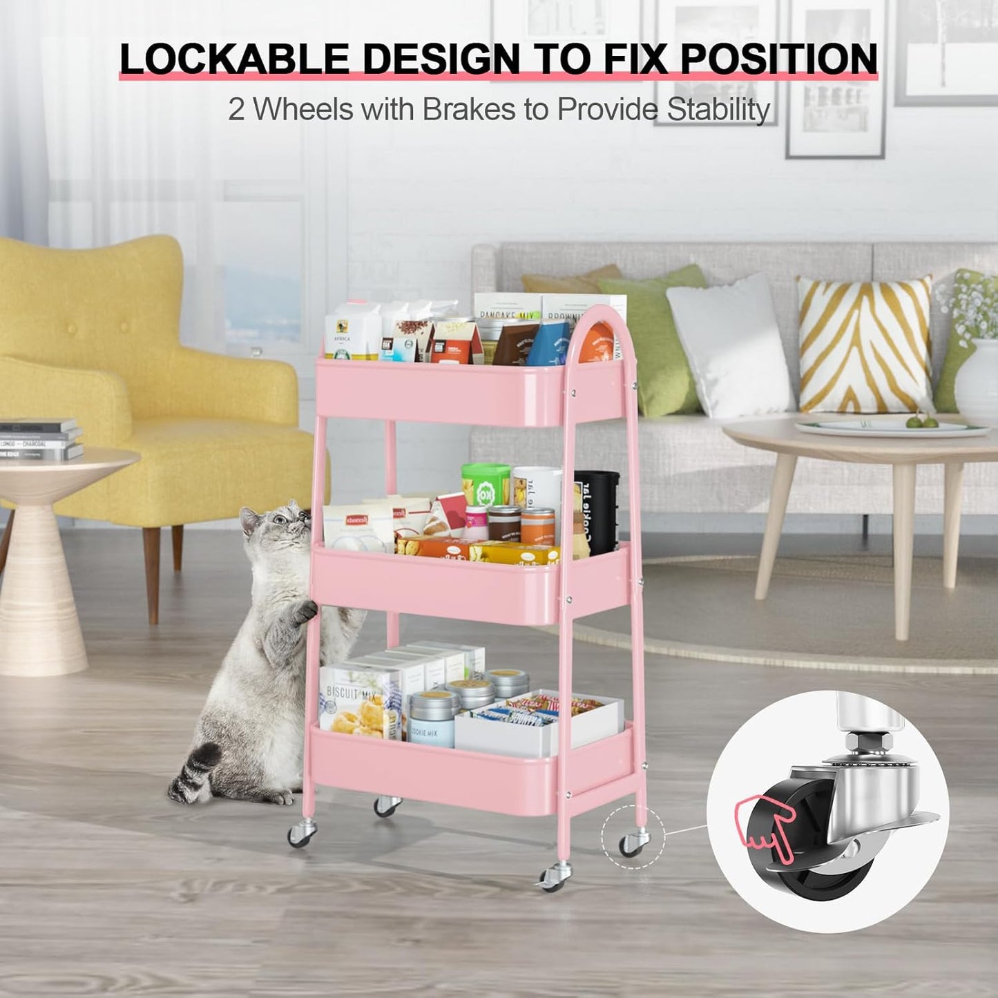 EAGMAK 3 Tier Utility Rolling Cart, Metal Storage Cart with Handle and Lockable Wheels, Multifunctional Storage Organizer Trolley with Mesh Baskets for Kitchen, Living Room, Office, Garage (Pink)