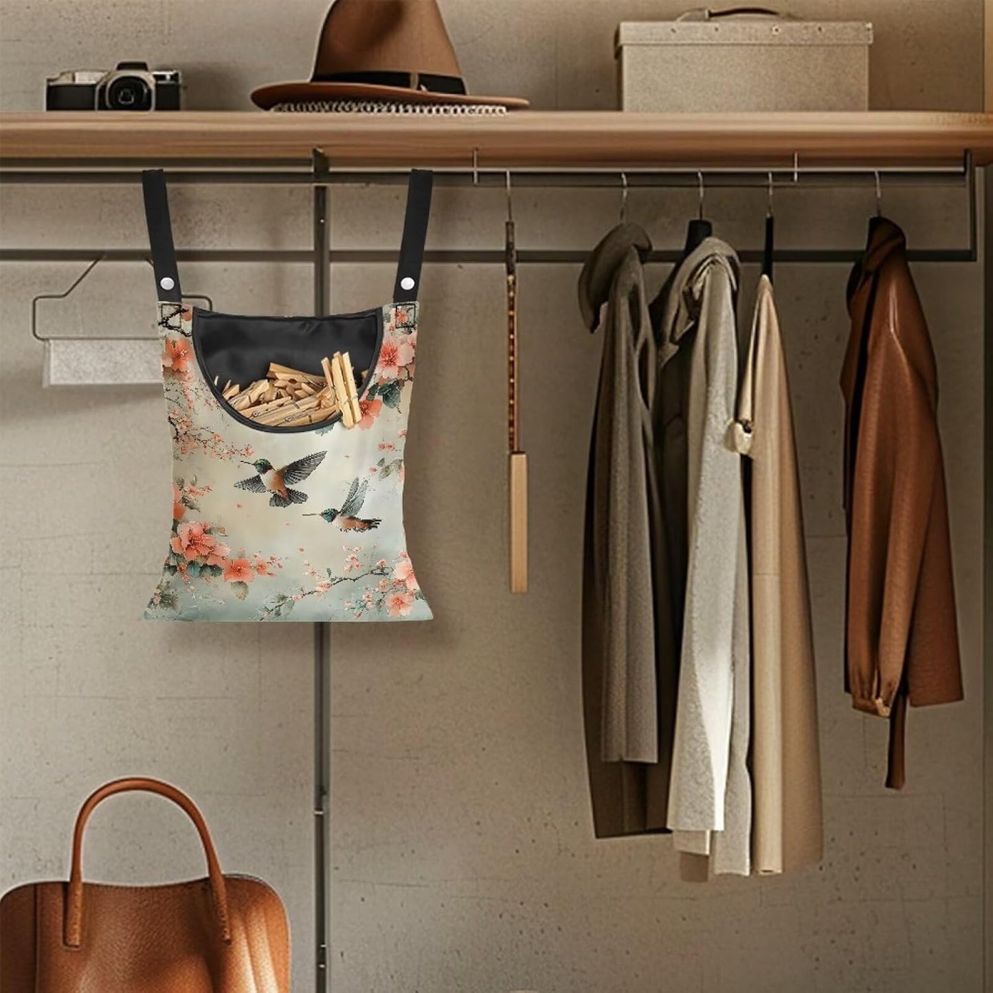 2 Pcs Hummingbird and Flowers Clothes Pin Bag, Small Hanging Laundry Bag with Hanging Rope Clothespin Bag for Clothes Line Clip Easy Access Clothes Pin Holder for Home Outdoor