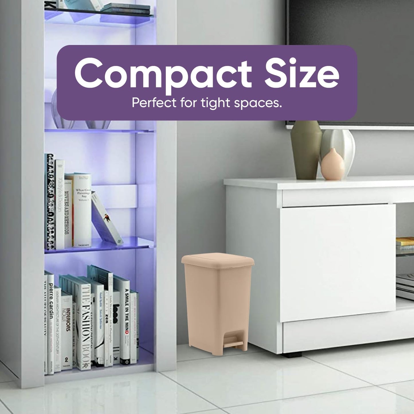 Superio Slim Step On Trash Can, Beige Waste Bin with Foot Pedal Lid 26 Liter, Kitchen, Under Desk, Office, Bedroom, Bathroom (2, 4 Gallon)