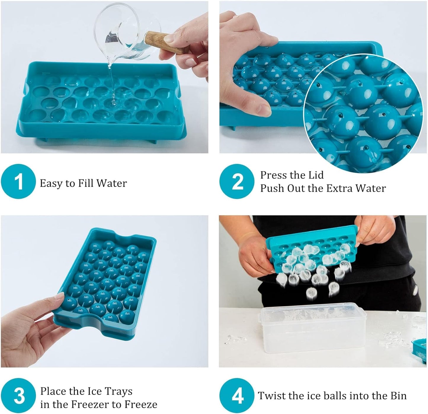 Bangp Upgrade Round Ice Cube Tray with Lid and Bin,2 Pack Ice Cube Tray for Freezer,Circle Ice Mold Making 64 Small Ice Balls, Easy Release Ice Tray with Ice Bucket,Ice Tong and Ice Scoop