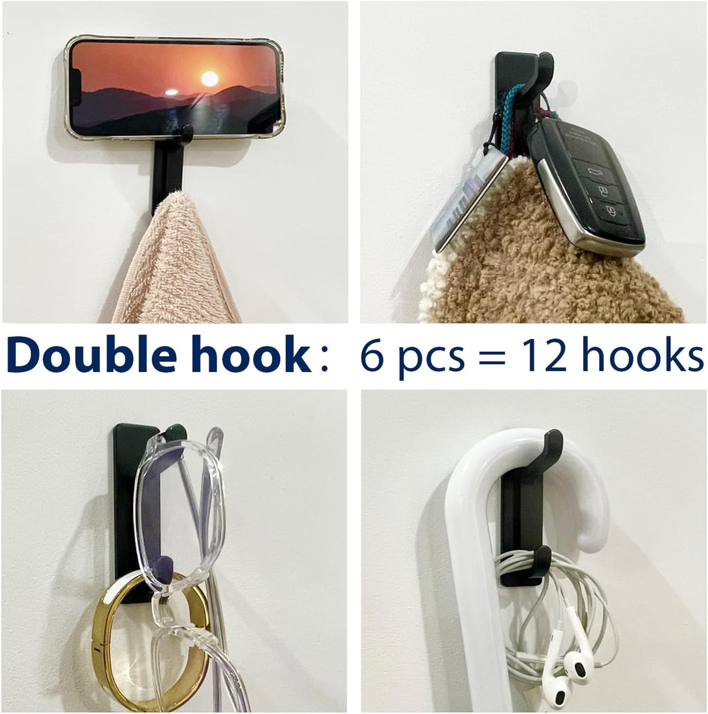Wall Hooks for Coat and Towel: 13LB Adhesive Door Hanger Stick on, Black 6 Pack