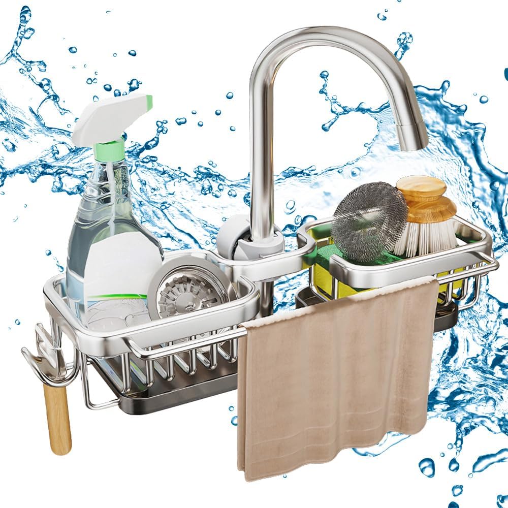 Sink Organizer Rack for Kitchen and Bathroom, 2024 New Kitchen Sink Faucet Organizer with Drip Tray Faucet Sponge Holder (Silver, Left+Right)