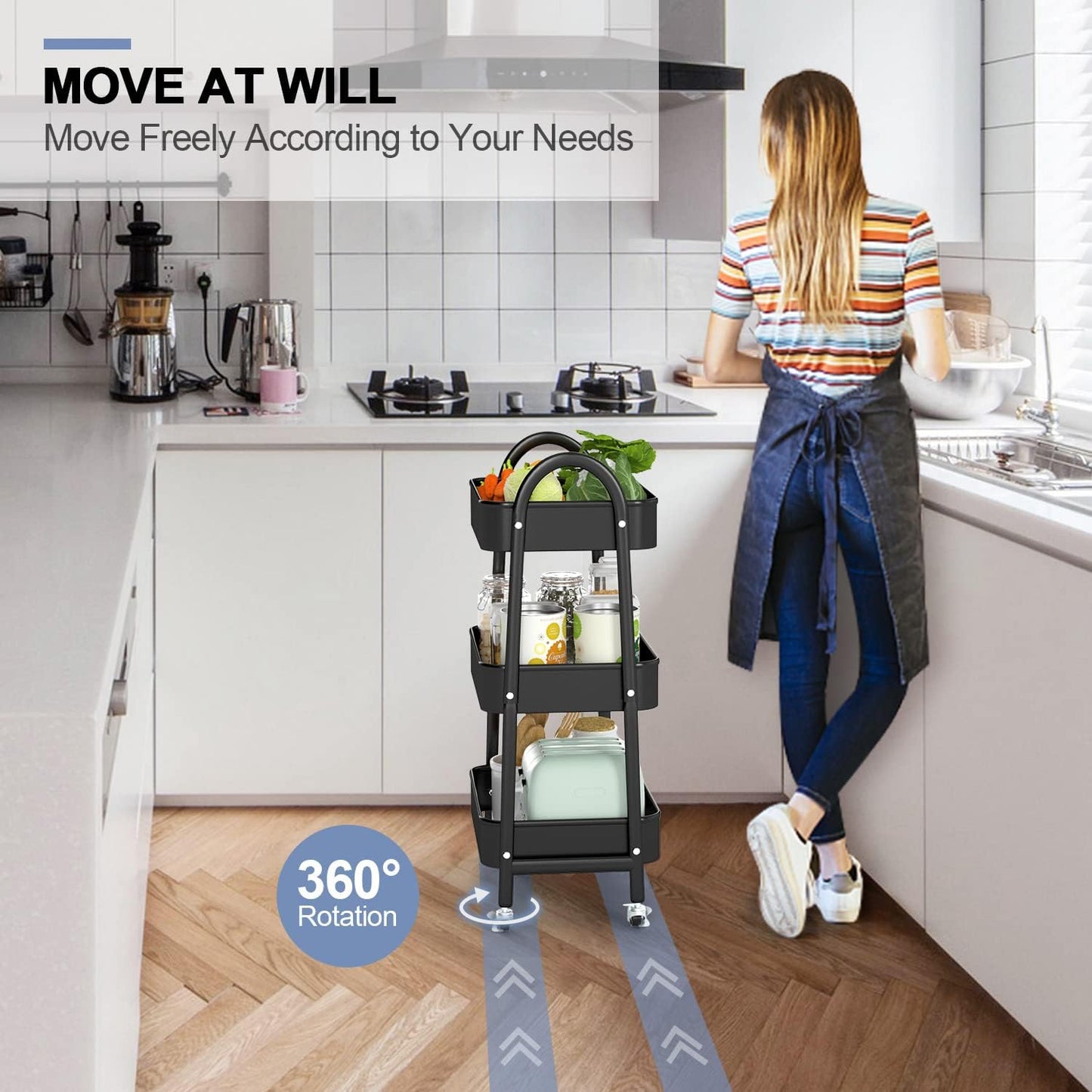 EAGMAK 3 Tier Utility Rolling Cart, Metal Storage Cart with Handle and Lockable Wheels, Multifunctional Storage Organizer Trolley with Mesh Baskets for Kitchen, Living Room, Office, Garage (Black)