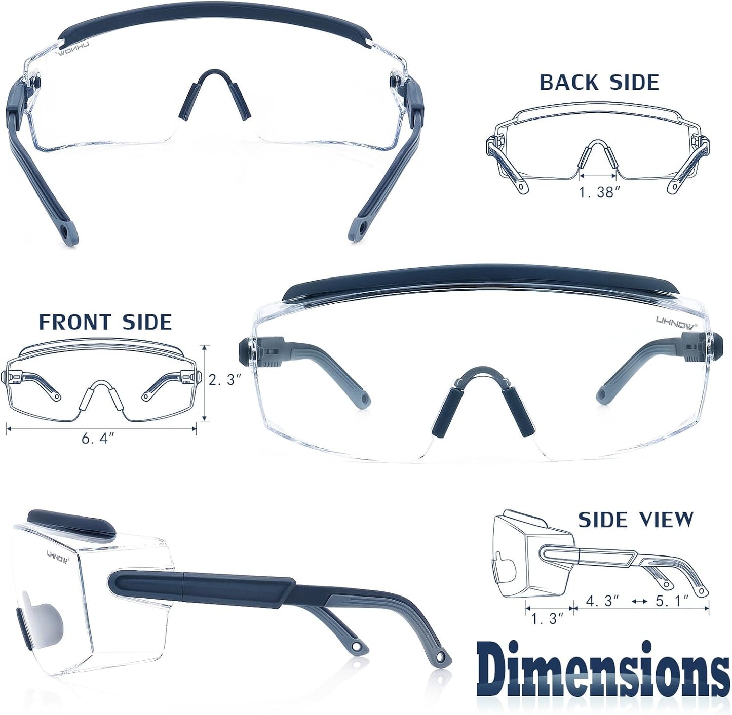 UKNOW Safety Goggles Over Glasses, Safety Glasses Anti Fog Wraparound Eye Protection, Protective Eyewear ANSI Z87.1