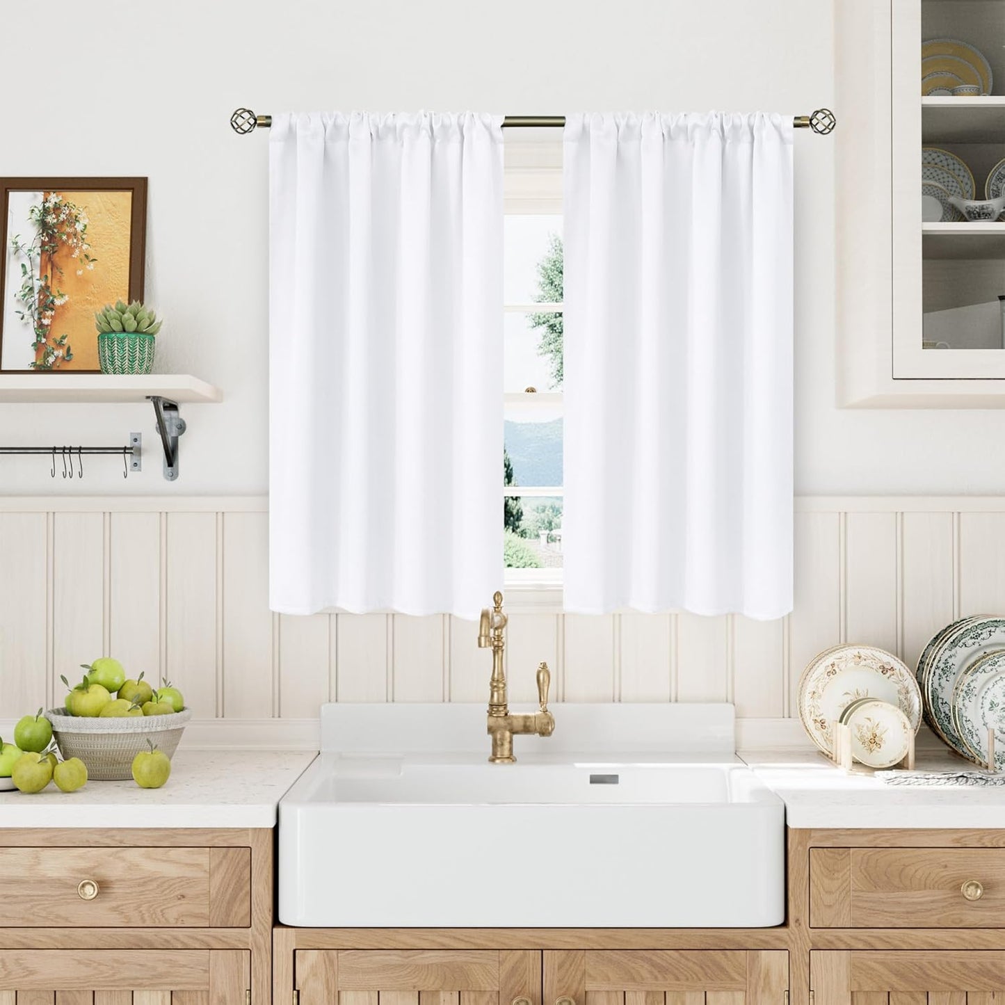 BGment Rod Pocket White Curtains 40 Inches Length for Kitchen Cafe Window - Privacy Protection Short Window Treatment Drapes for Bathroom Bedroom Home Decor, 2 Panels, Pure White, 42 x 40 Inch