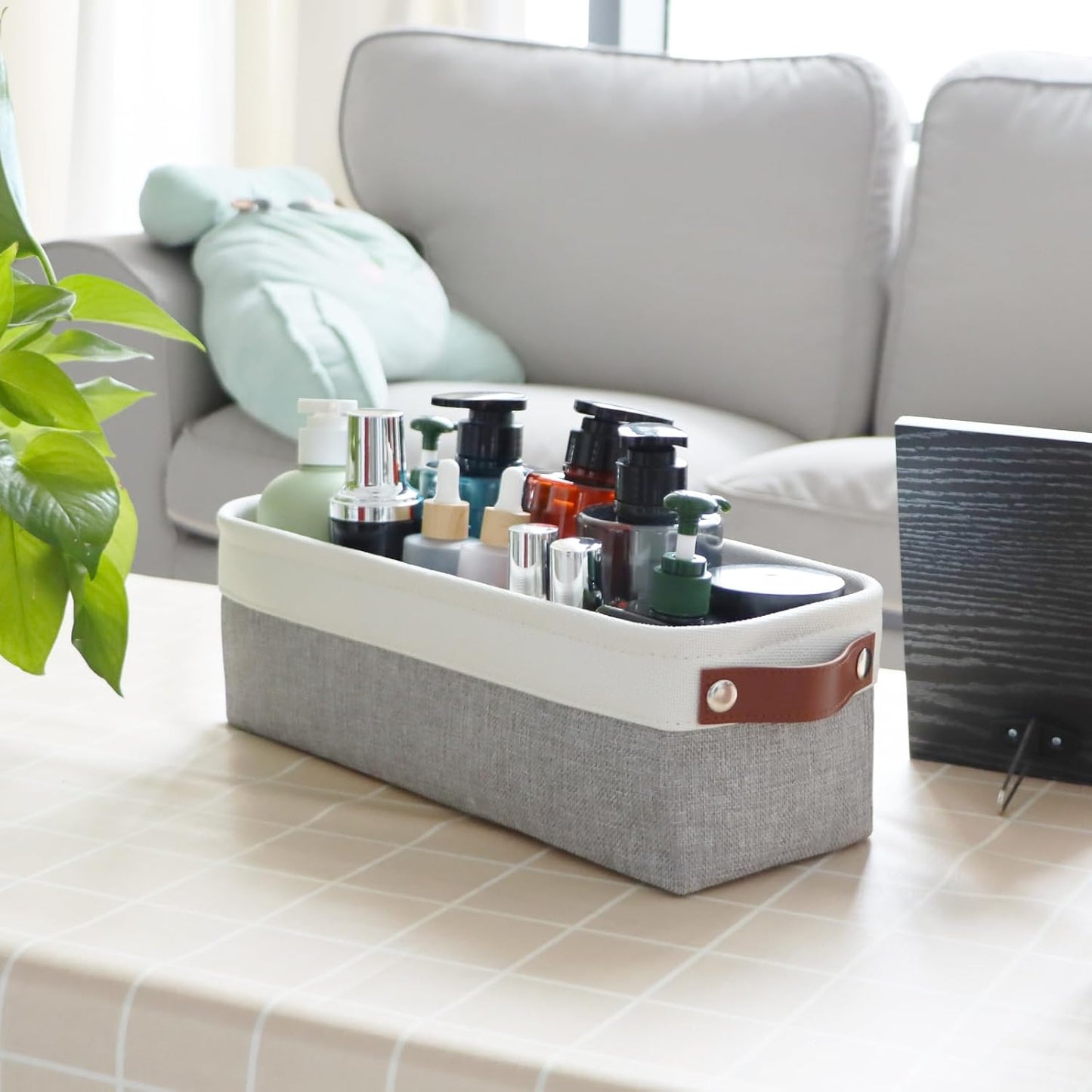 Univivi 4PC Small Fabric Storage Bins,15x6x5 inch Long Narrow Storage Baskets with PU Handles for Closet,Cabinet,Countertop Organizing Small Items (Gray,15x6x5 inch)