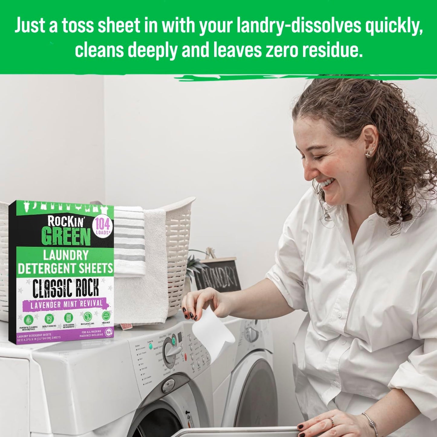Rockin' Green Travel Laundry Detergent Sheets - Mess-Free Laundry Sheets Detergent Powerful Cleaning with Sodium Bicarbonate - Easily Dissolvable Laundry Soap Sheet (104 Loads, Lavender Mint Revival)