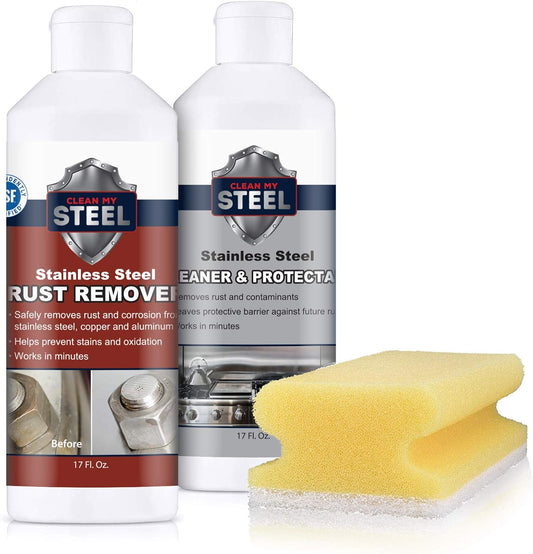 CLEAN MY STEEL Stainless Steel Rust Stain Remover, Protector & Cleaner Kit, Concentrated Formula, for Commercial Use, Appliances. Gloves & Sponge Included (17 oz)