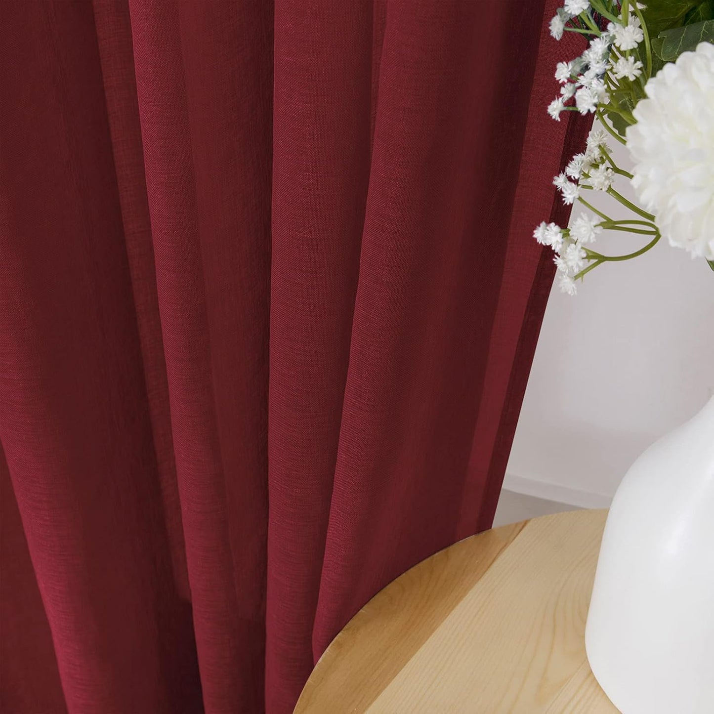 Tollpiz Sheer Curtains Linen Textured Living Room Curtain Sheers Light Filtering Rod Pocket Voile Curtains for Bedroom, 42 x 63 inches Long, Burgundy Red, Set of 2 Panels