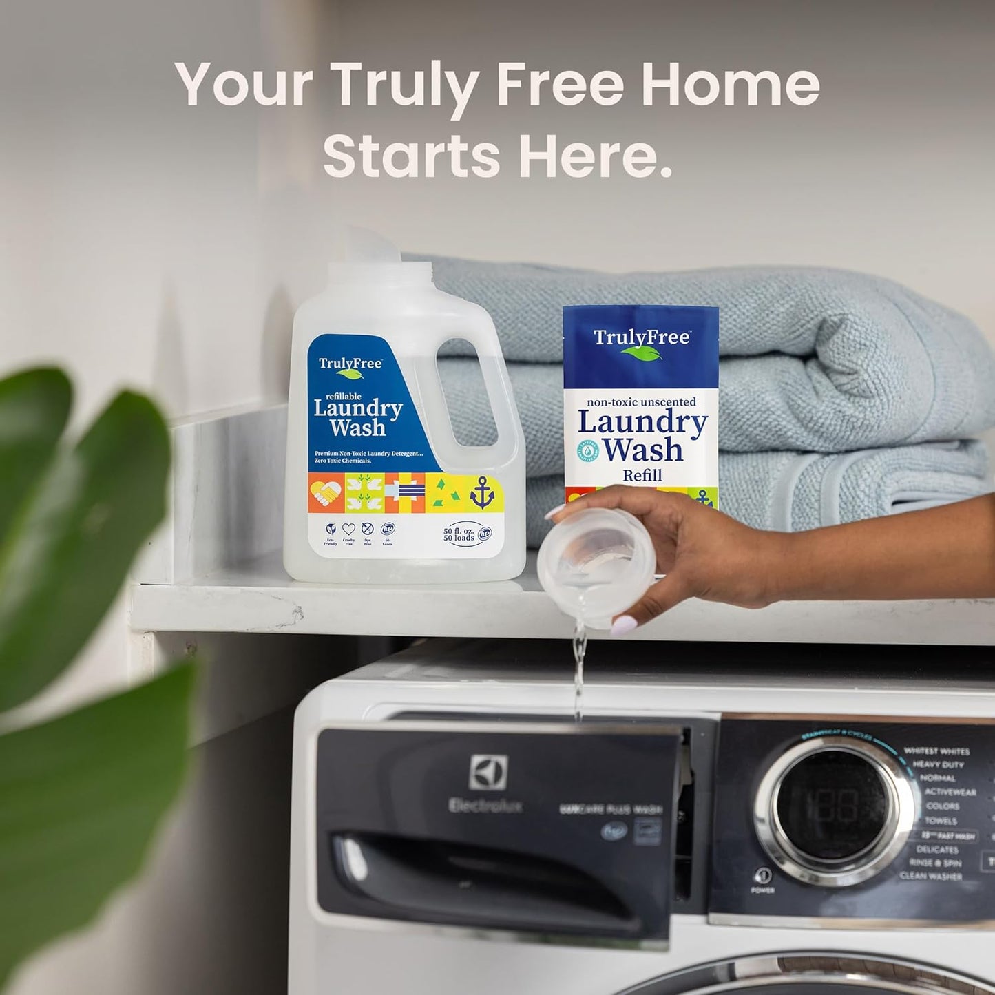 Truly Free Laundry Wash Detergent for Sensitive Skin, Gentle & Safe for Baby Clothes | Plant-Based, Natural Ingredients | Unscented | Include 1 Refillable Bottle (150 Loads)