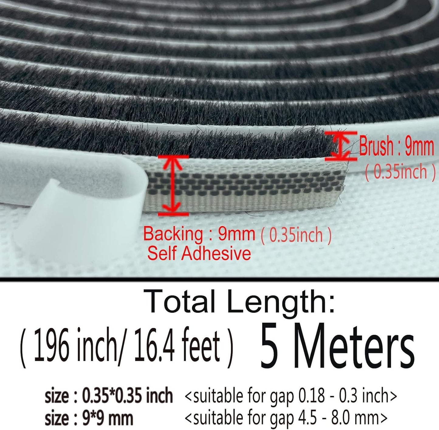 Brush Weather Stripping for Sliding Windows/Doors Frame Side,Pile Self Adhesive Weatherstrip Seal Strip for Soundproofing (16.5ft x11/32 x 11/32 Brush inch, Black)