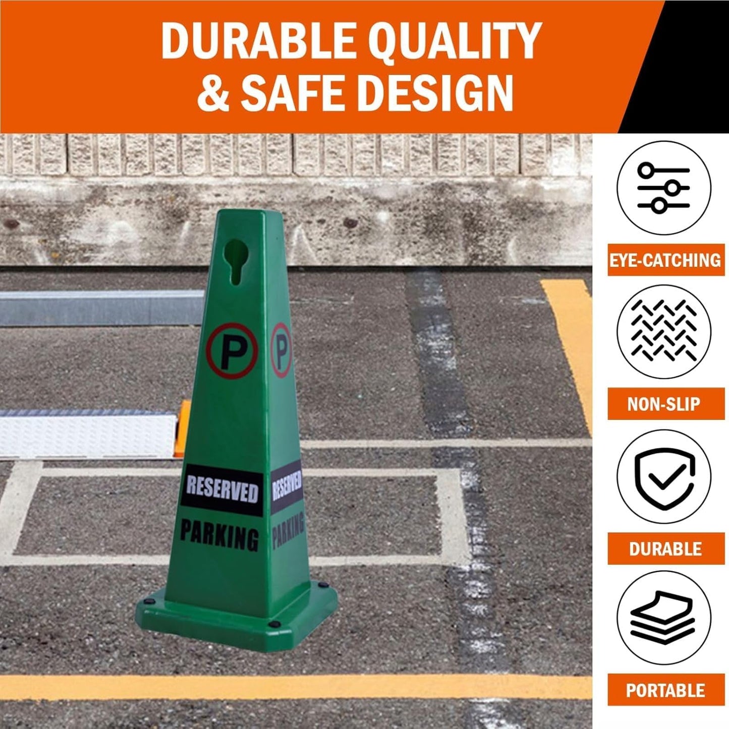 4-Pack 26.5" Caution Cones, 4-Sided Visible Safety Signs with Heavy Rubber Base, Warning for Slip & Fall Prevention, Indoor/Outdoor Use (Green, 4Pcs-Reserved Parking)
