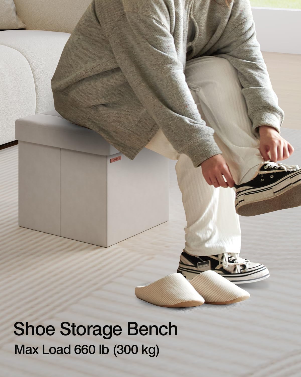 Folding Storage Ottoman, Velvet Storage Bench, Footrest, Footstool,for Living Room, Bedroom and Office,15 x 15 x 15 Inches, 300 kg Load Capacity,Cream White, UASND04W