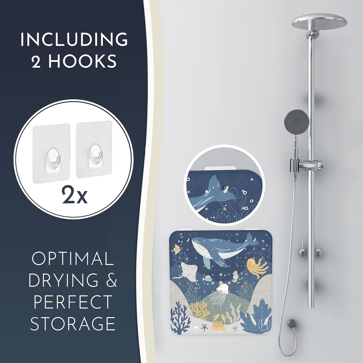 Homerella Anti Slip Shower Mat | Anti Mold Non Slip Bathtub Mat for Inside Shower | Square Floor Shower Mat 21 x 21 inch with Suction Cups for Grip & Hooks Hanging and Quick Drying | Machine Washable