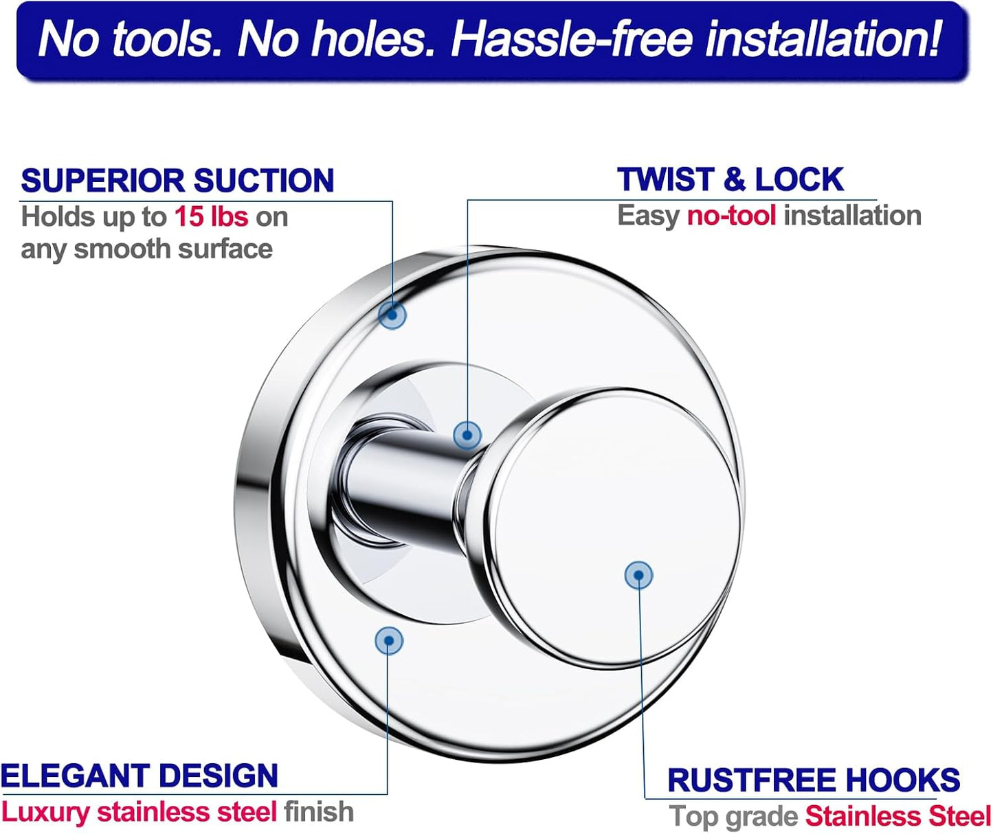 Suction Cup Hooks for Shower, Removable Towel Hooks for Bathroom Window Glass Door Wall, Bath Robe Looafh Hook for Hanging - 4 Pack, Chrome