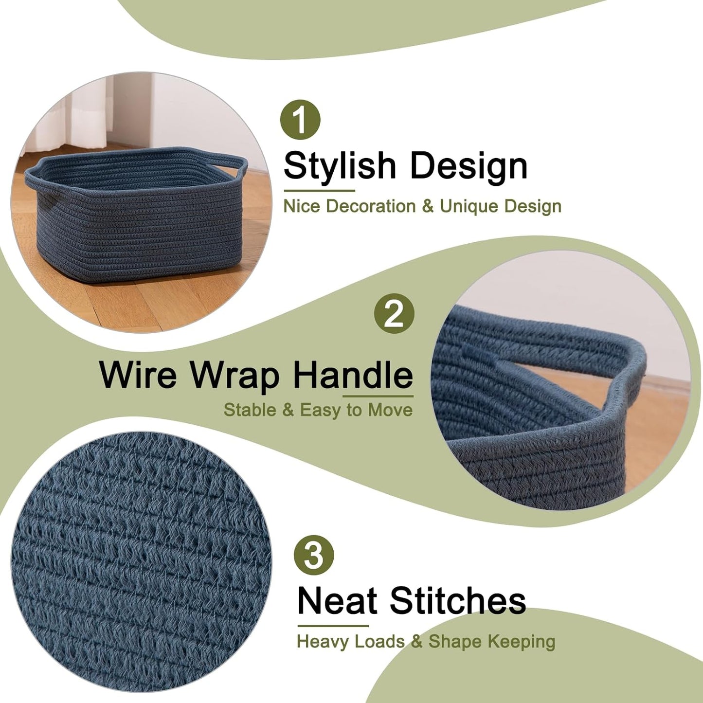 OIAHOMY Cotton Rope Woven Baskets for Storage, Nursery Rectangle Storage Basket with Handles for Shelves, Pack of 3, Blue