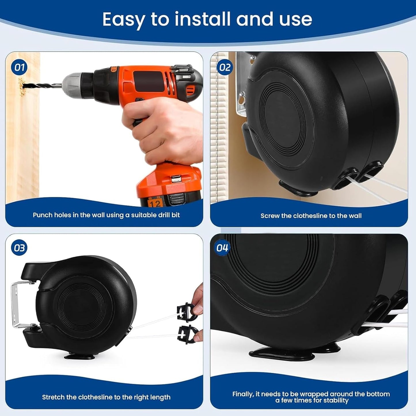 Retractable Double Clothesline – 49 ft x 2 Heavy Duty Clothes Line for Indoor & Outdoor Use, Dual Laundry Line with Easy Installation (Black)