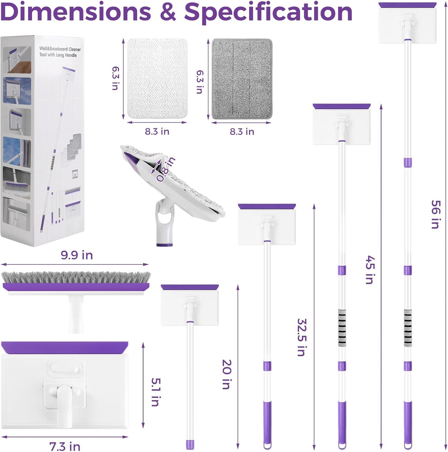 Baseboard Cleaner Tool with Handle 2.0, 60" Extendable Long Handle, Dust Trapping and Locking, 5 Reusable Pads, Purple Base Boards Cleaning Tool for Moldings, Wall, Floor, Bathroom, Kitchen