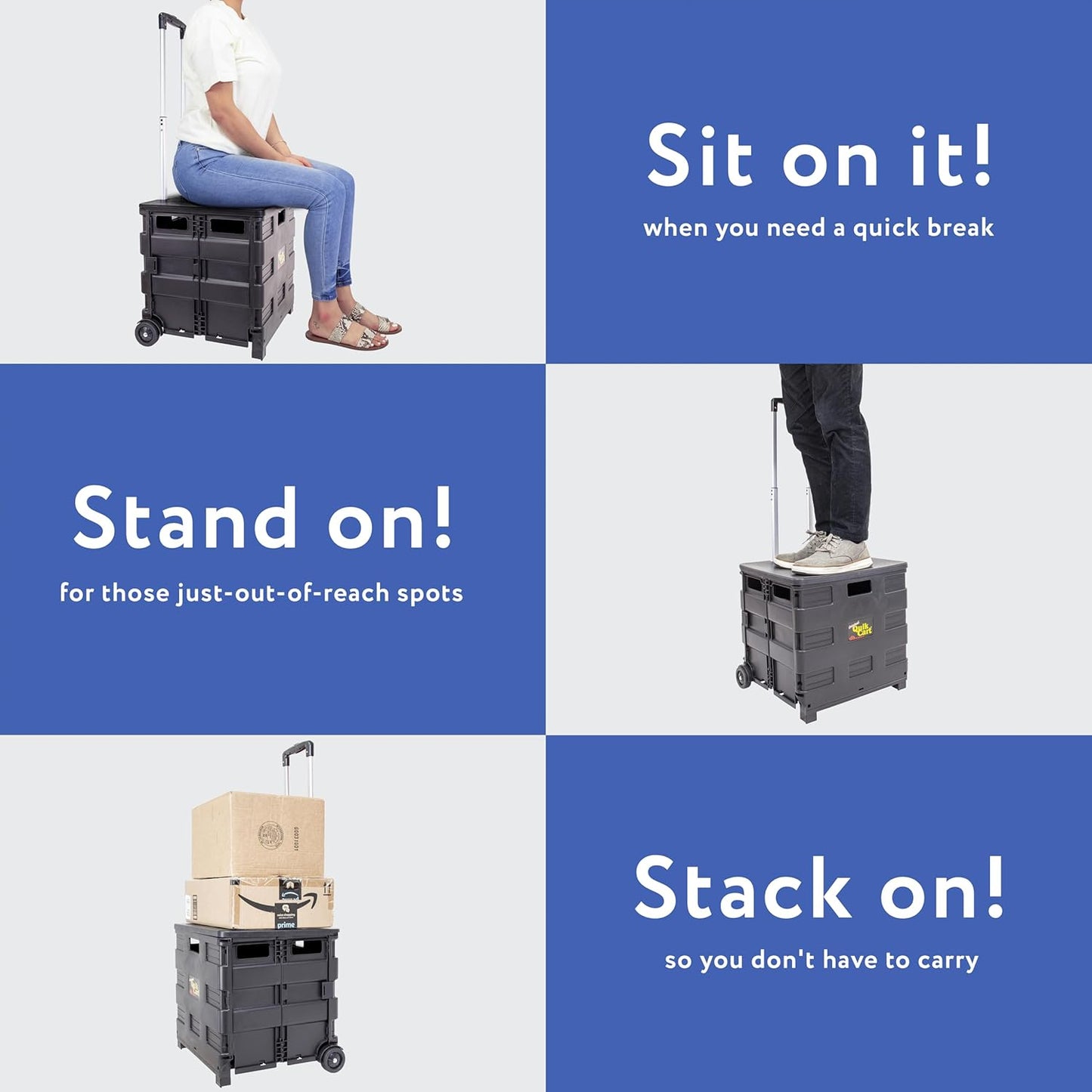 dbest products Quik Cart Collapsible Rolling Crate on Wheels for Teachers Tote Basket 80 lbs Capacity, Made from Heavy Duty Plastic Used as a Seat, Black