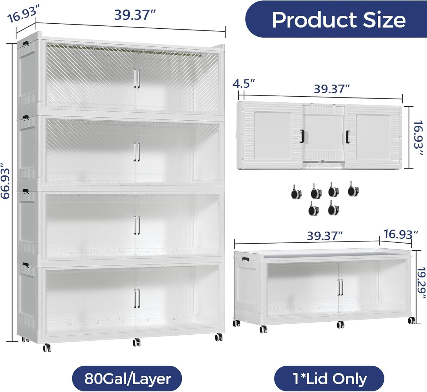 320GAL Extra Large Storage Bins with Lid, 1280QT Collapsible Organizer with Wheels, Stackable Closet Cabinet with Doors, Folding Storage Containers for Home, Office, Dorm, 4Pack White