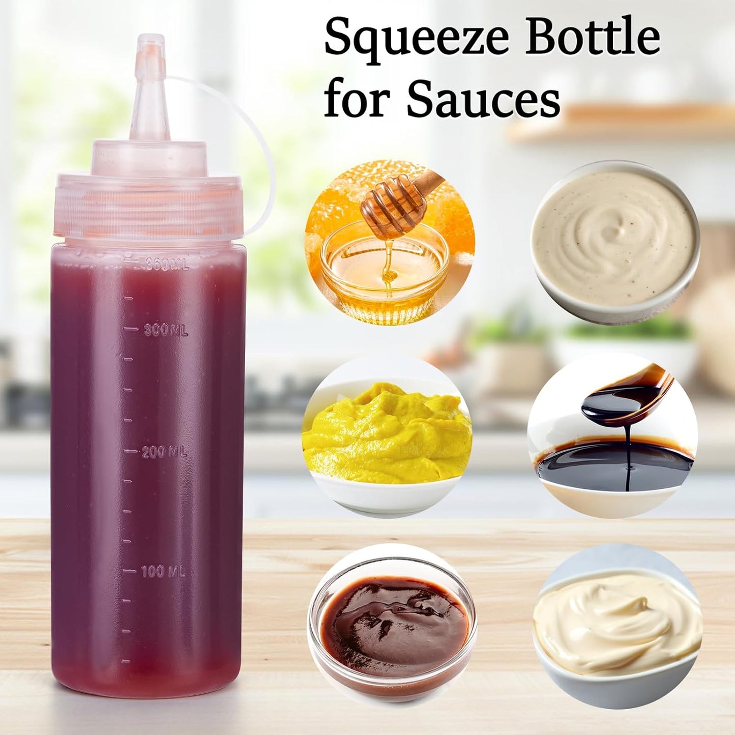 Condiment Squeeze Bottles Ketchup Dispenser, 4 Pack 12oz Squeeze Bottles for Liquids, Plastic Sauce Bottle with Cap Lid, Squirt Bottles for Sauces Liquids BBQ Dressing Pancake Art