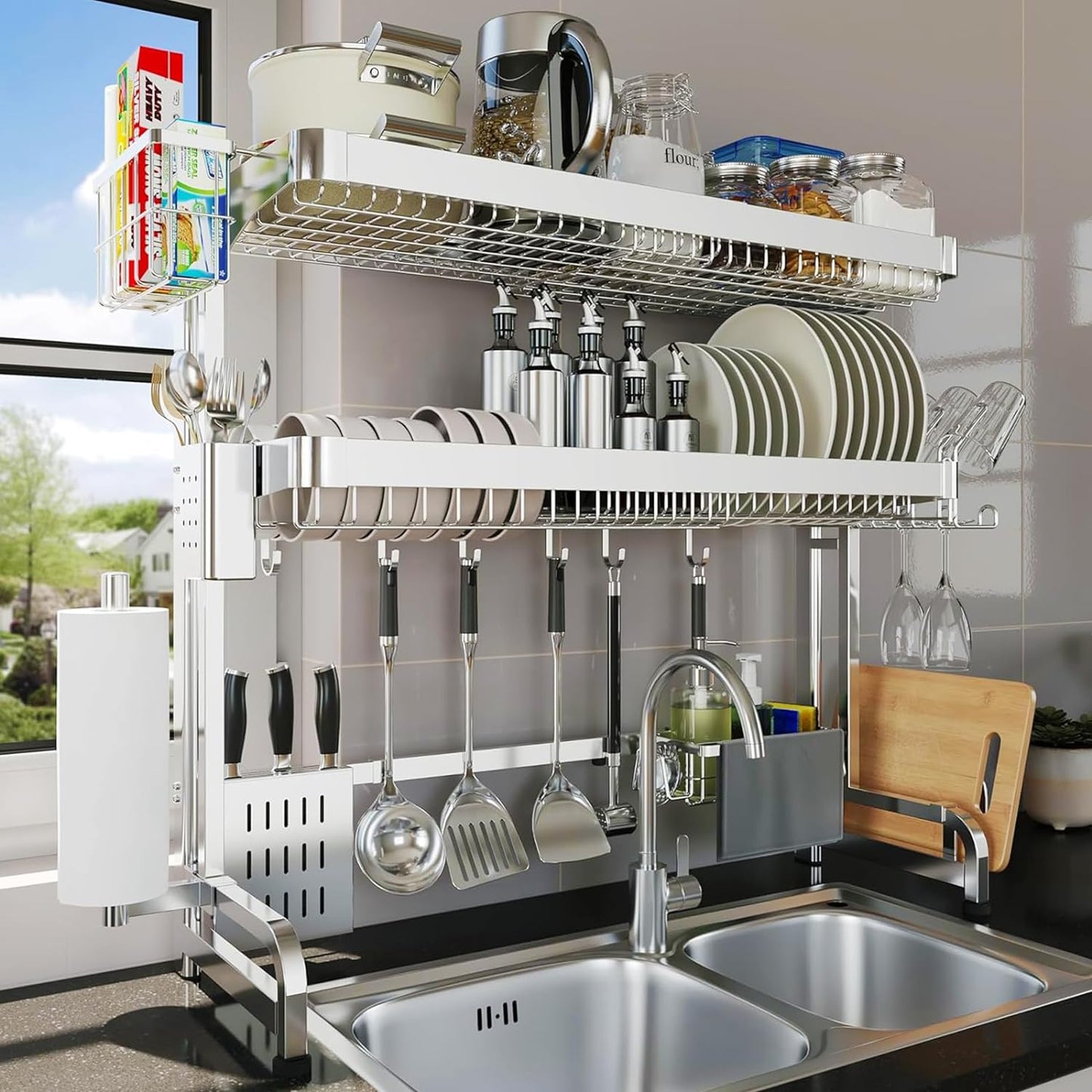 Over The Sink Dish Drying Rack,3 Tier Adjustable Length Full Stainless Steel Large Storage Kitchen Dish Rack,for Kitchen Counter Expandable Multifunctional Organizers,Silver (25.5'' to 37.6'')