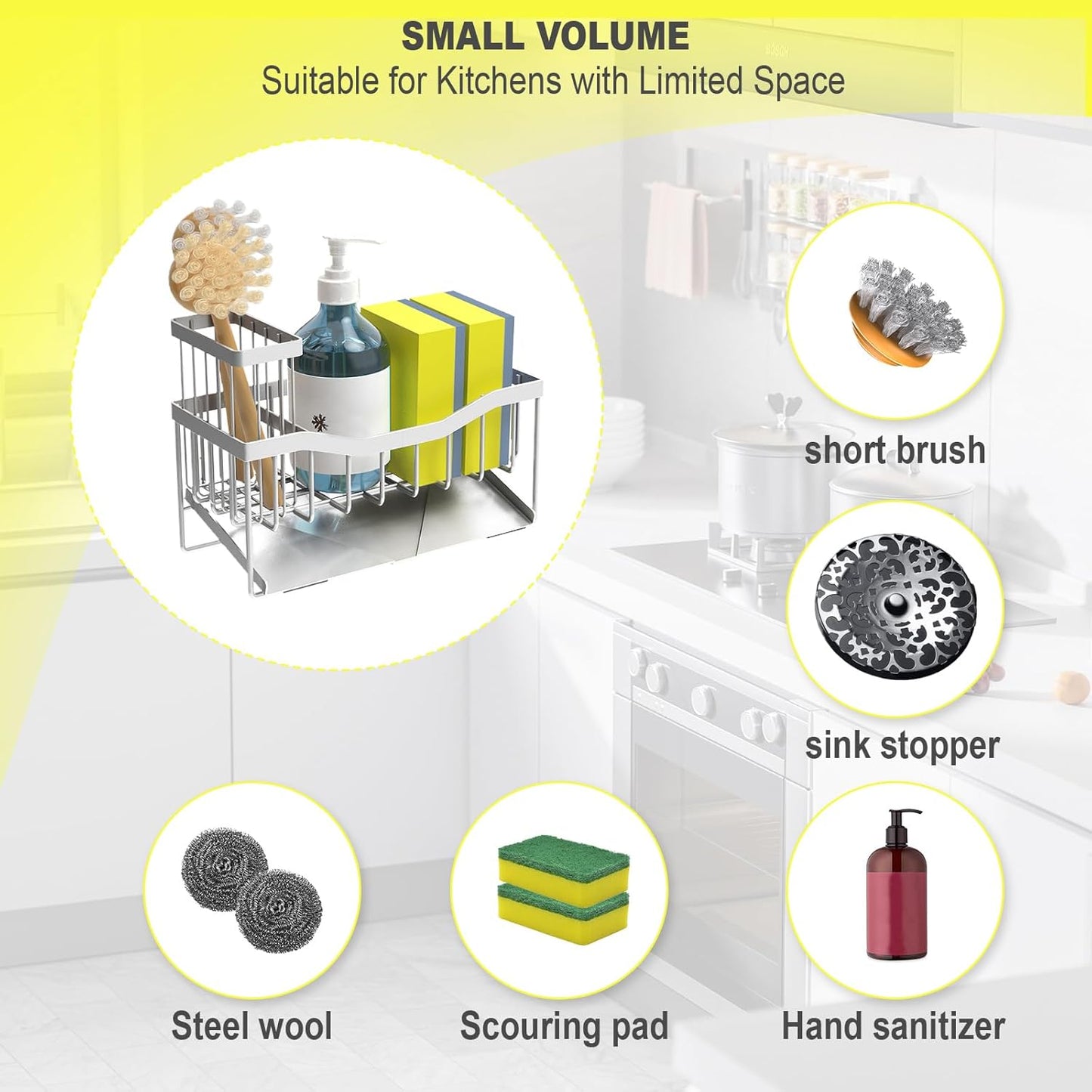 Maifan Sink Caddy Sponge Holder for Kitchen with Brush Holder and Stainless Steel Self Drain Tray, Rustproof Kitchen Sink Organizer for Sponge, Soap Dispenser Storage Accessories (Lacquer Silver)