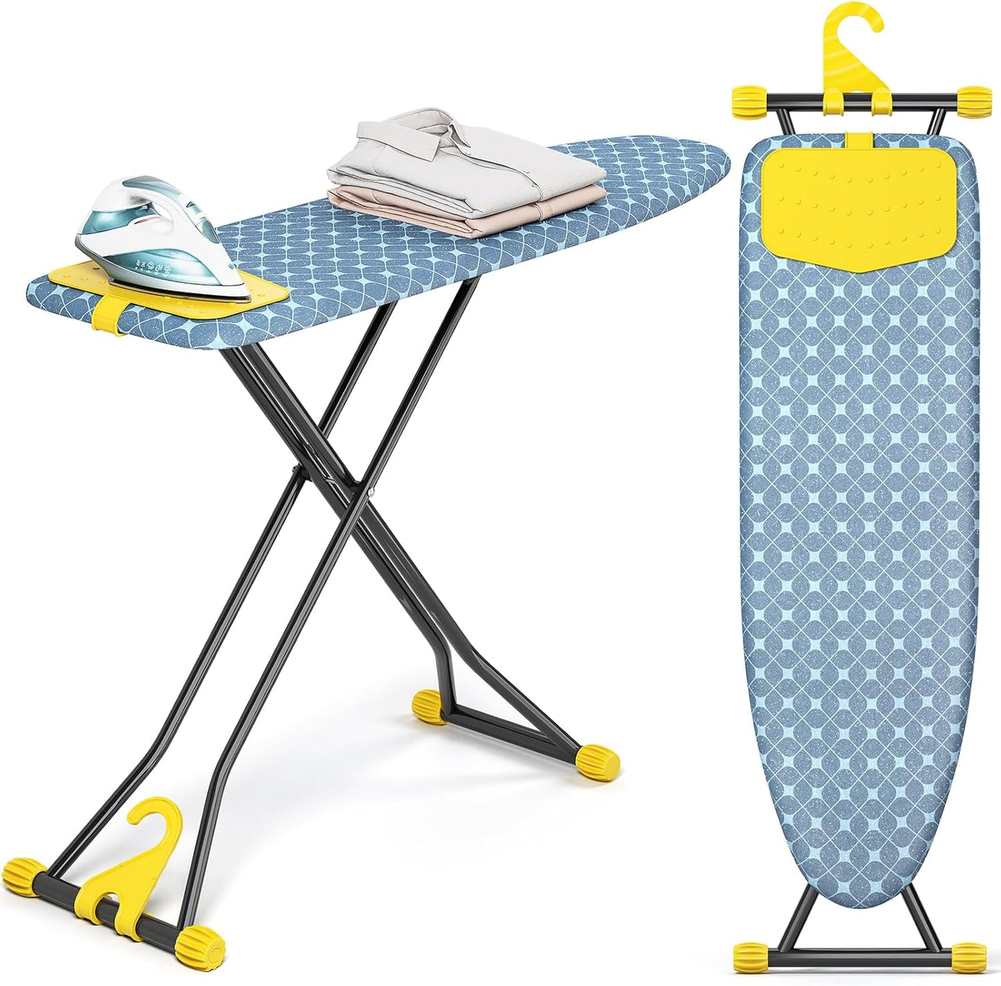KINGBOARD Ironing Board, Compact Iron Board with Silicon Iron Mat, Heat Resistant Cover, 7 Height Adjustable, Foldable Ironing Board Wall Mount Hanger, 13x43 Yellow