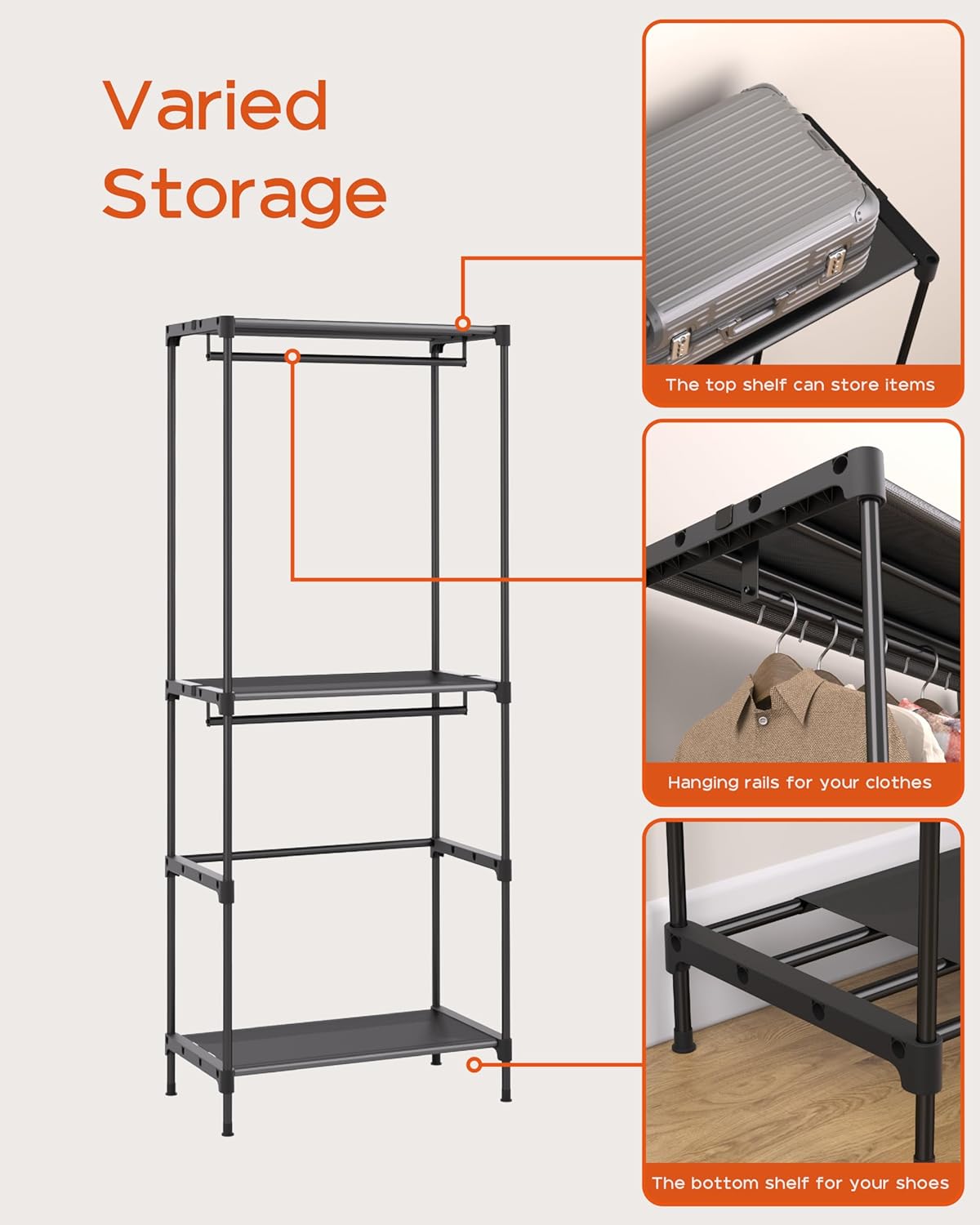 Clothes Rack, Portable Closet, 27.6 Inch Wardrobe Closet, Clothes Storage Organizer with Shelves and 2 Hanging Rods, Easy to Assembly, Black PCT001B01