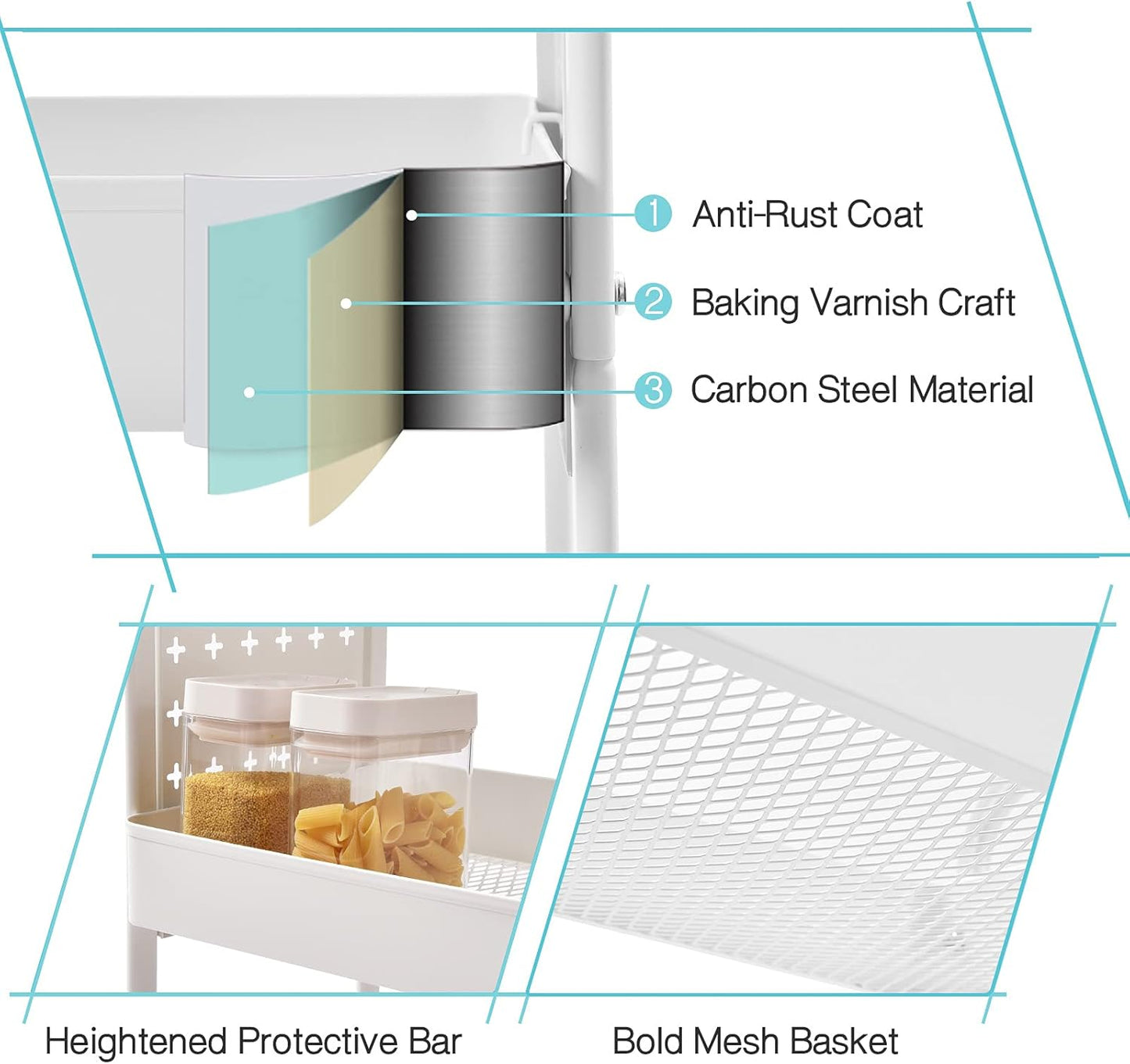 TOOLF 3-Tier Rolling Cart, Metal Utility Storage Cart with DIY Pegboards, Art Craft Trolley with Baskets Hooks, Serving Organizer Easy Assemble for Office, Home, Kitchen, Classroom (White)