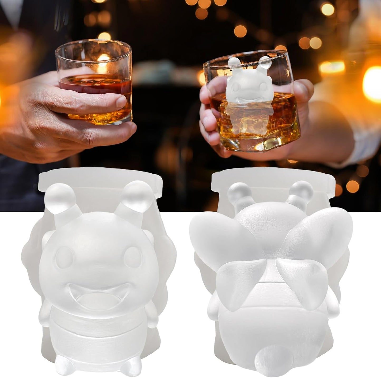 3D Bee Ice Cube Silicone Molds Tray for Whiskey, Cocktail, Drink Decor, Bar; Rich Details. Cute Bees Gifts for Women Kids Girls Boys, Fun Animal Insect Shape Soap Epoxy Resign Mold; 2 Pack
