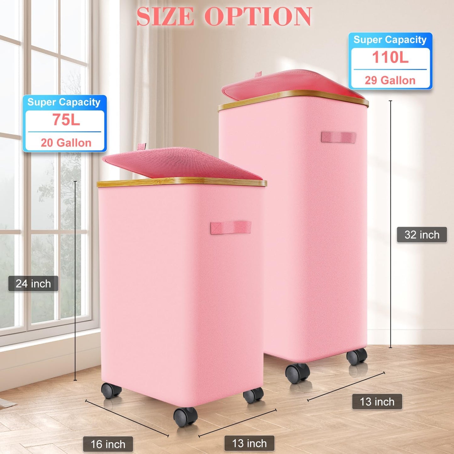 Laundry Hamper with Wheels,29 Gal (110L) Laundry Basket with lid Rolling Clothes Hamper Foldable Dirty Clothes Basket on wheels with Bamboo Frame and Bag for Bedroom, Dorm, Laundry Room-Pink