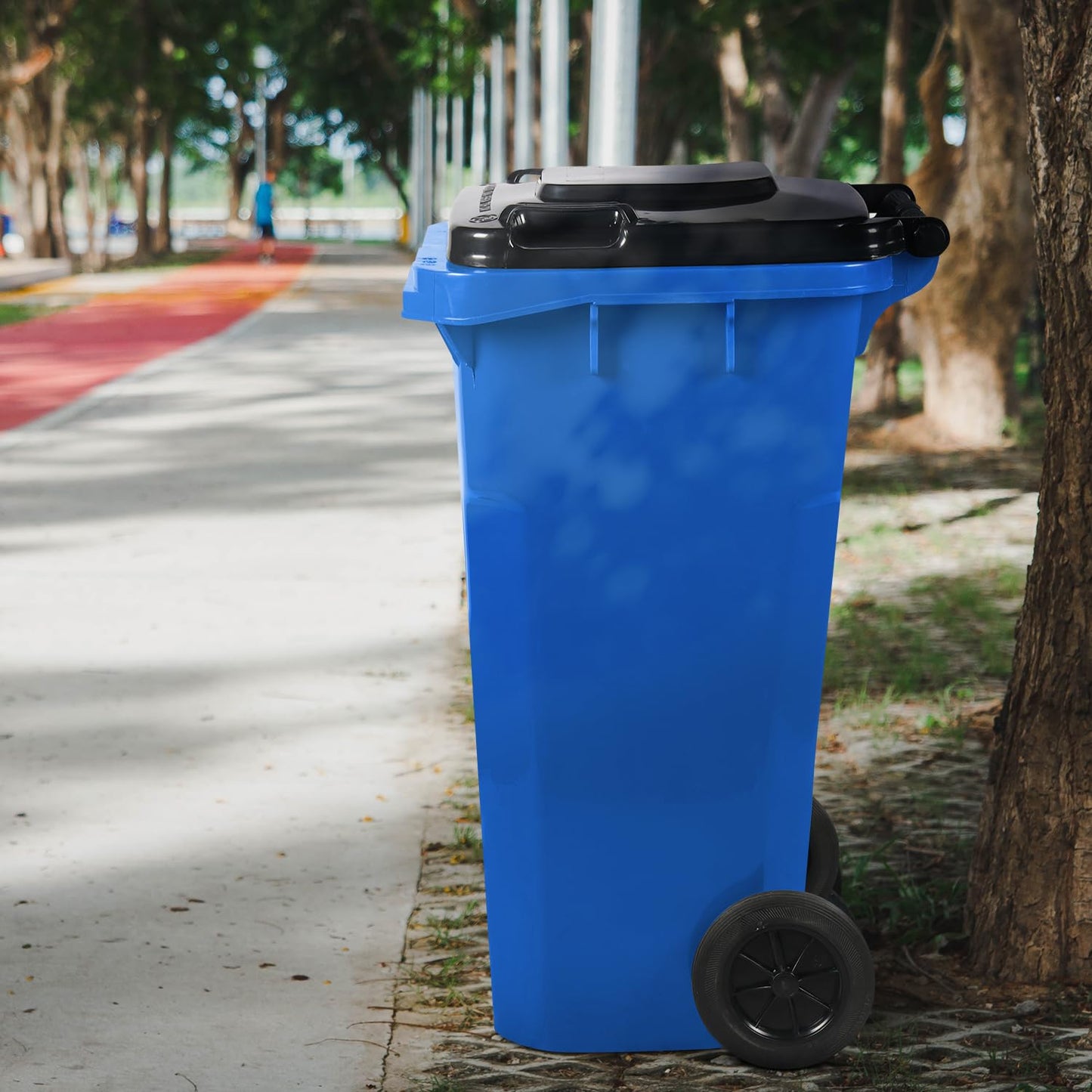 32 Gallon Trash Can Outdoor Recycling Bin with Lid and Wheels Heavy Duty Rolling Garbage Can with Lid Blue Recycle Bin with Wheels for Warehouses Hospitals Restaurants, Pack of 2