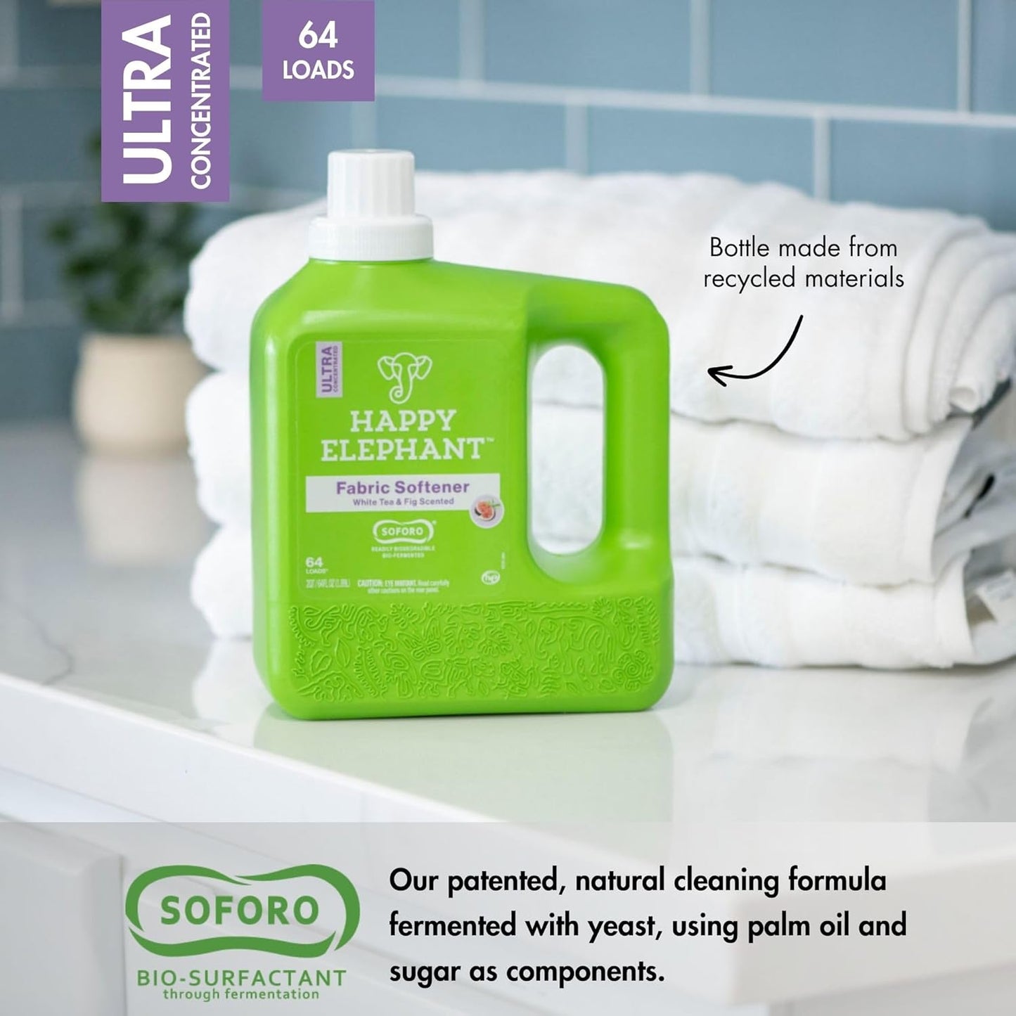 Happy Elephant Fabric Softener, White Tea & Fig Scent, Natural Biodegradable Liquid Fabric Softener, Plant Based, Softens Clothes & Reduces Static, Gentle on Skin, HE Compatible, 64 Fl Oz, 1 Pack