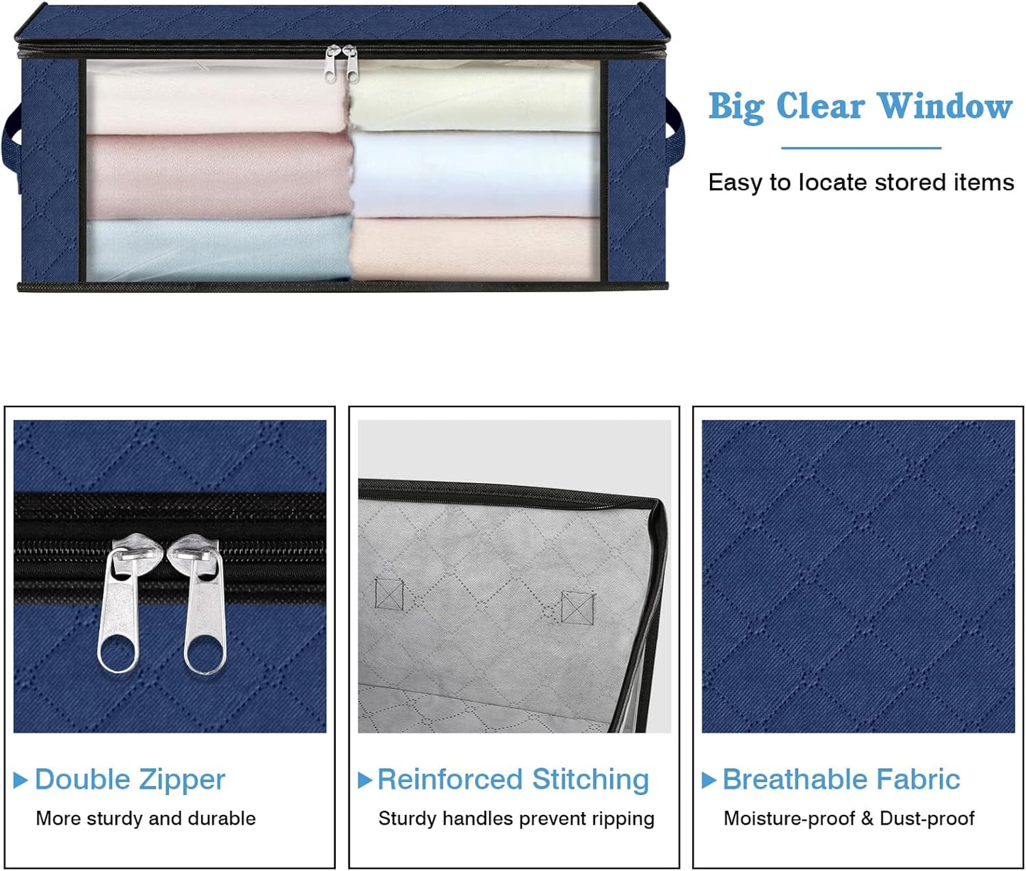 HomeHacks Storage 3-Pack Clothes Organizer Storage Bags Foldable Storage Box with Large Clear Window Sturdy Handles for Closet, Dorm, Pillows, Bedding, Clothes, Blankets, 35L, Blue