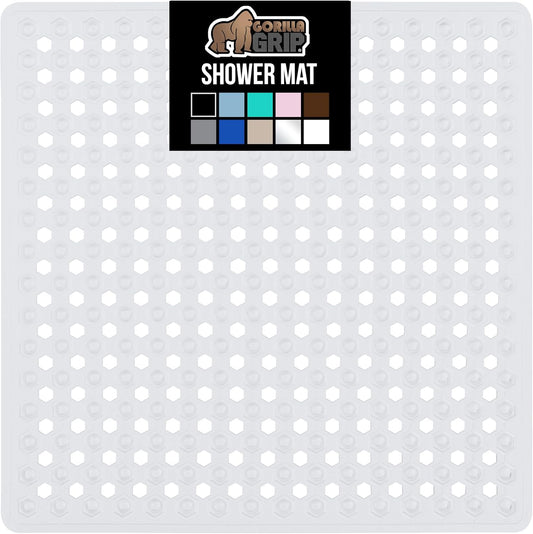 GORILLA GRIP Patented Square Shower Stall Mat, Small Bathtub Floor Mats for Stand Up Showers with Suction Cups and Drainage Holes, Machine Wash, Soft on Feet, Bathroom Accessories 21x21 Inch, White