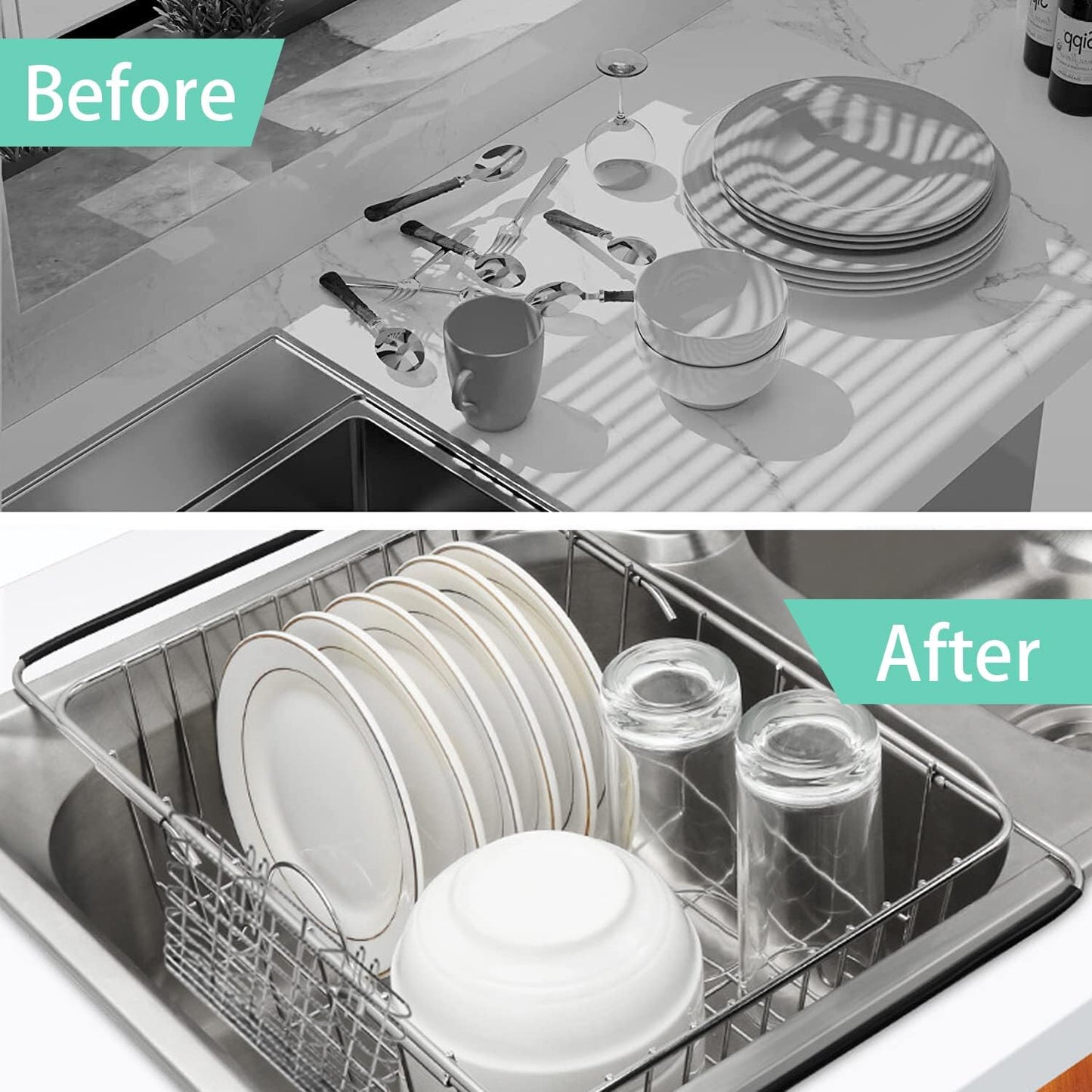 Sink Dish Drainer Rack, Expandable 304 Stainless Steel Dish Drying Rack Organizer with Stainless Steel Utensil Rack, Adjustable 15.35" to 20.47" Inside The Sink (up to 13 Upright Utensils).