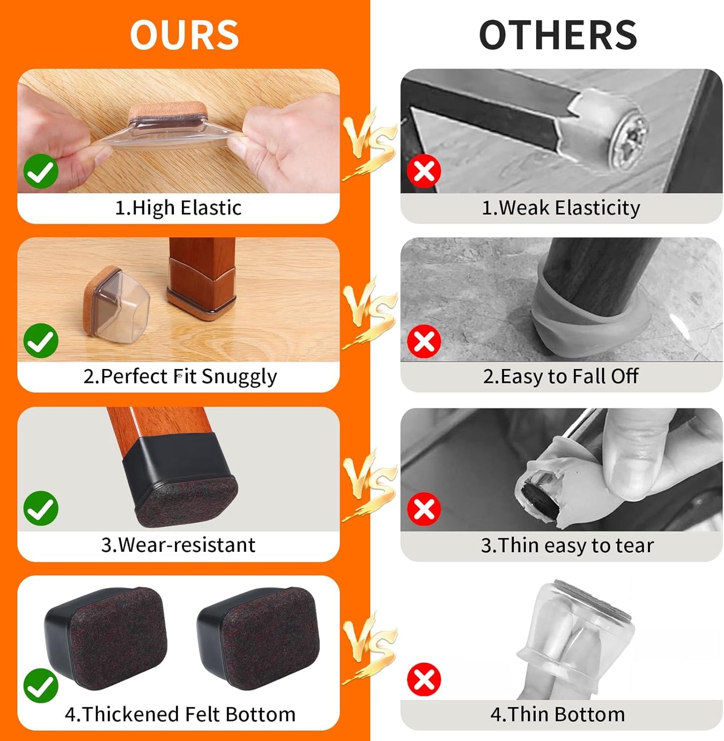 Ezprotekt 24 Pcs Rectangle Clear Silicone Chair Leg Floor Protectors Caps, Rectangle Felt Furniture Leg Pads Covers Cups for Chair Table -Anti-Scratches and No Noise (Fit L :1.3-1.7", W: 0.9-1.2")