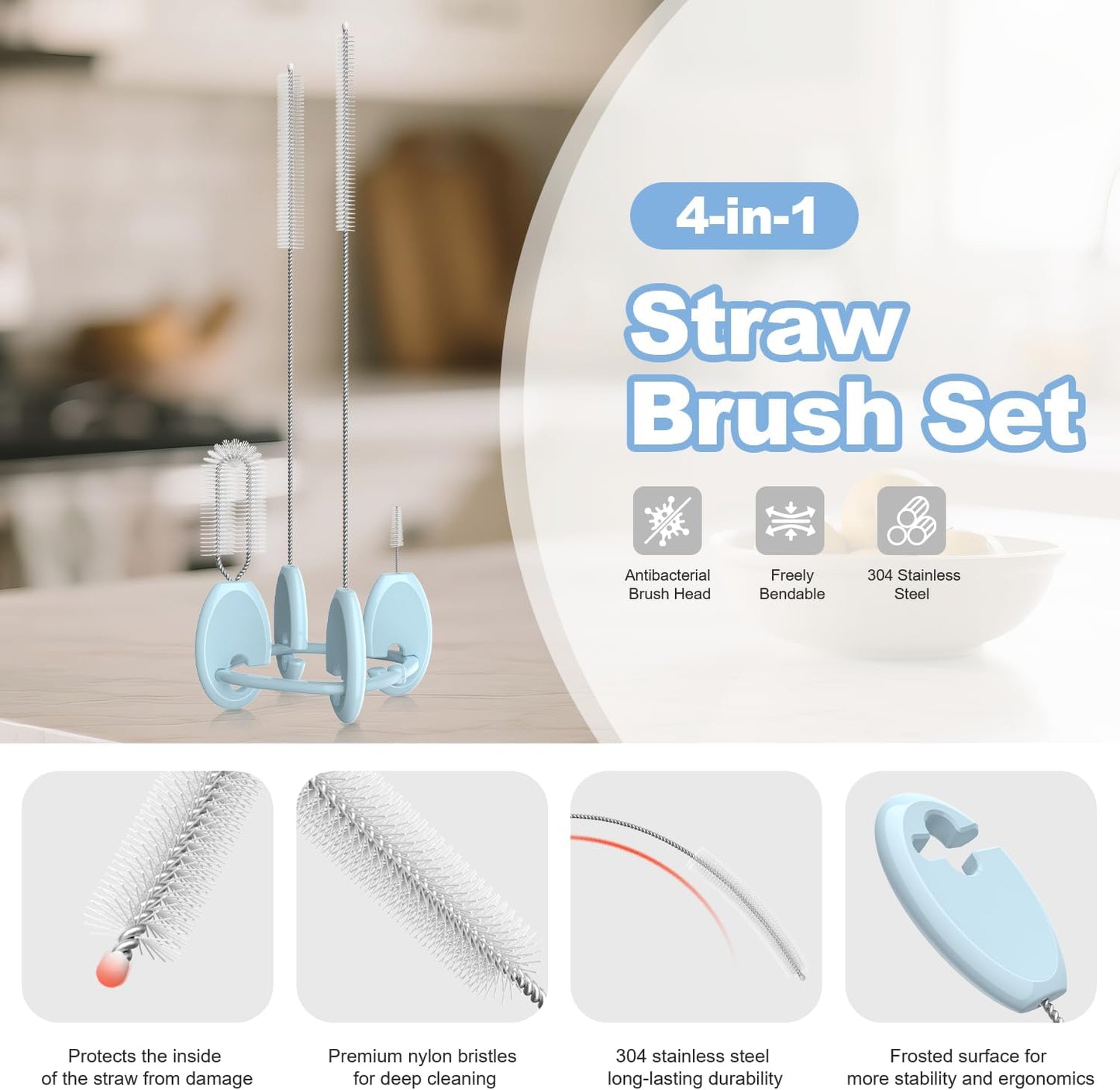 YOTIME Standing Straw Cleaner Brush Set, 4in1 Reusable Straw Brushes with Holder Ring, for Wide and Narrow Straws, Tumblers, Water Bottles and Cups, Blue