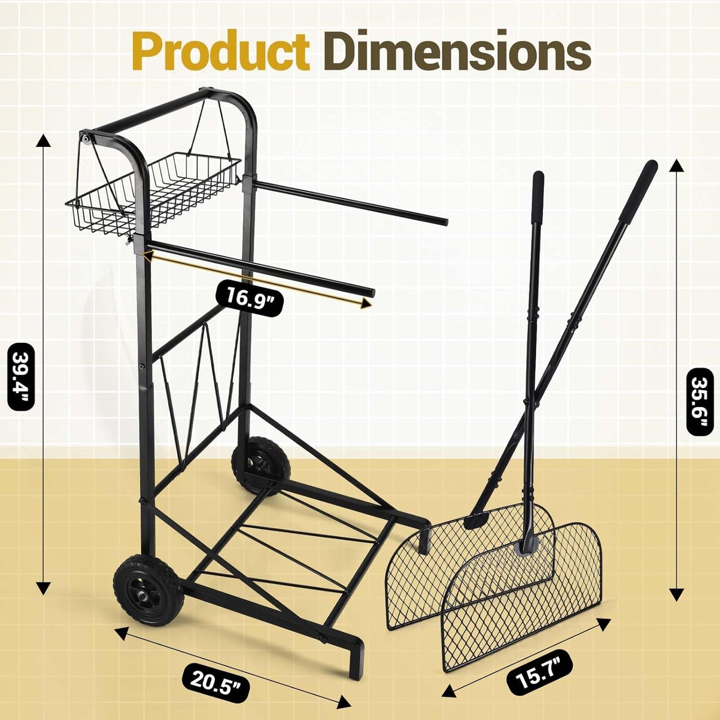 CAROD Mobile Trash Bag Holder with Storage Basket and Ergonomic Handle, Convenient Leaf Bag Cart with Leaves Grabber Rake Combo, Suitable for Leaves, Weeding, Camping, Party
