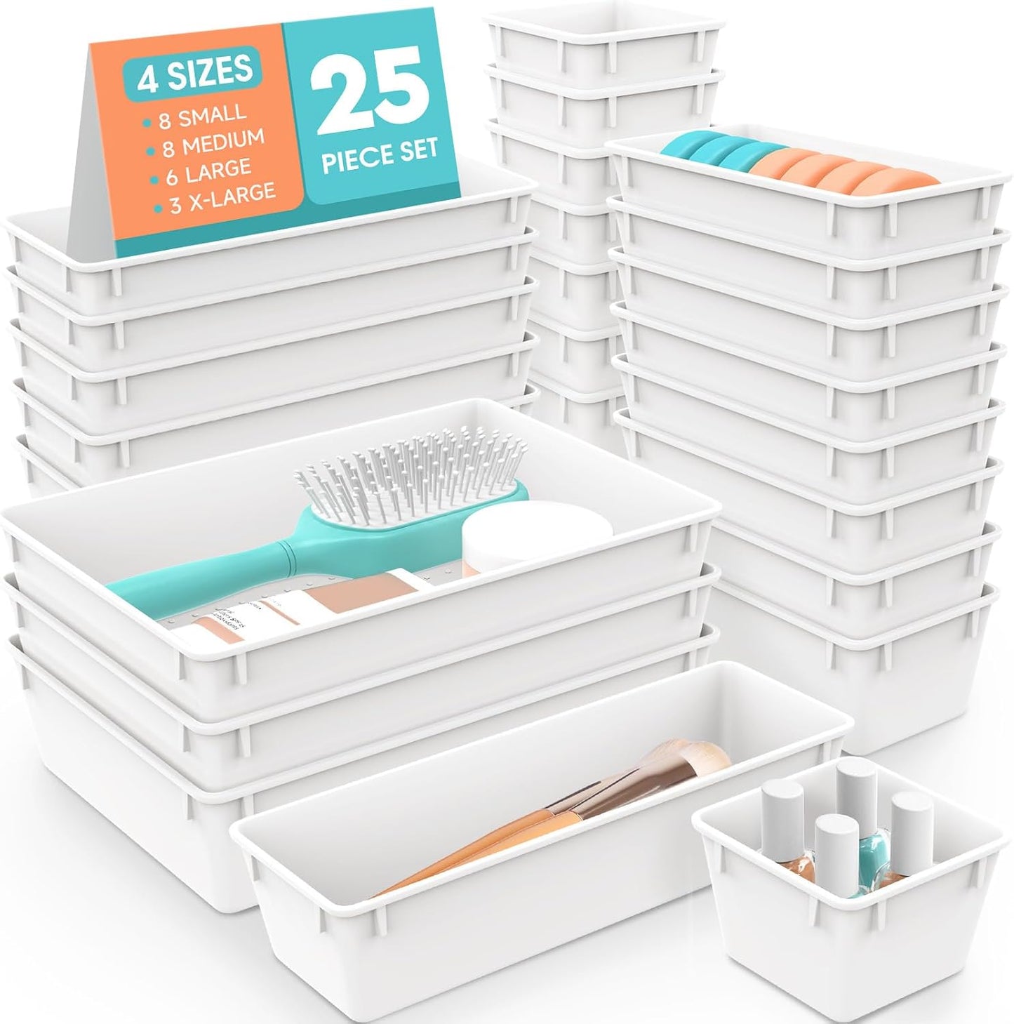 WOWBOX 25 PCS Plastic Drawer Organizer Set, 4 Sizes Desk Drawer Divider Organizers and Storage Bins for Makeup, Jewelry, Gadgets for Kitchen, Bedroom, Bathroom, Office, White