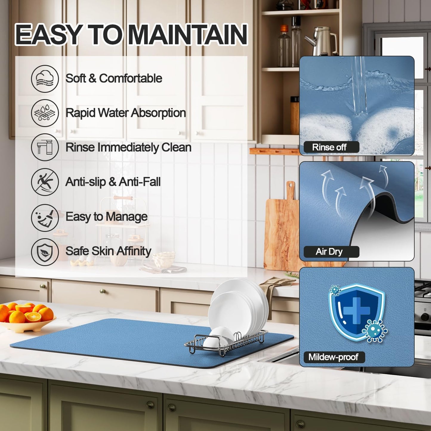 Dish Drying Mat for Kitchen Counter | Coffee Bar Mat for Countertops | Heat Resistant Drainer Mat with Non-slip Rubber Backed | Hide Stain Kitchen Absorbent Draining Mat | Blue 18"x28"