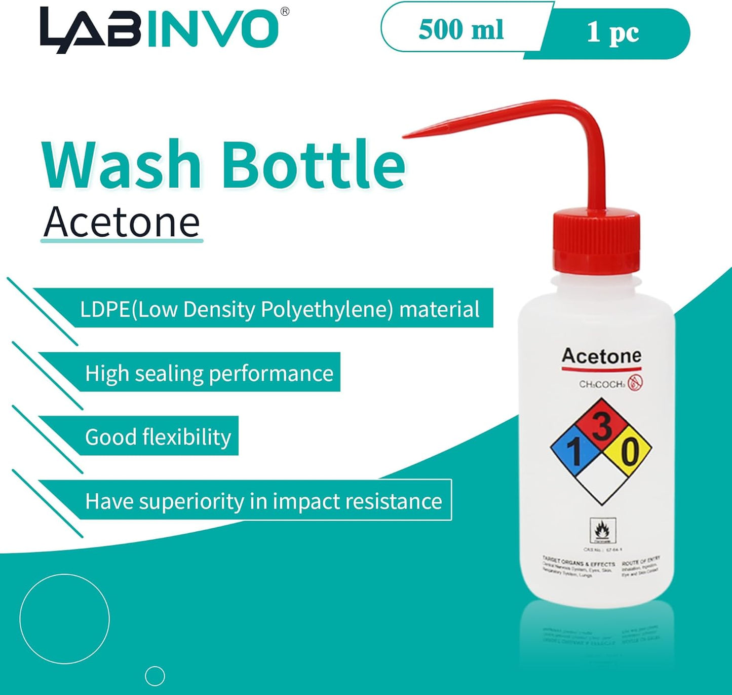 Acetone Wash Bottle, 1PC of Vol.500ml (17oz), Narrow Mouth, Self-Venting Safety Wash Bottle, LDPE Material, IN-WBA501