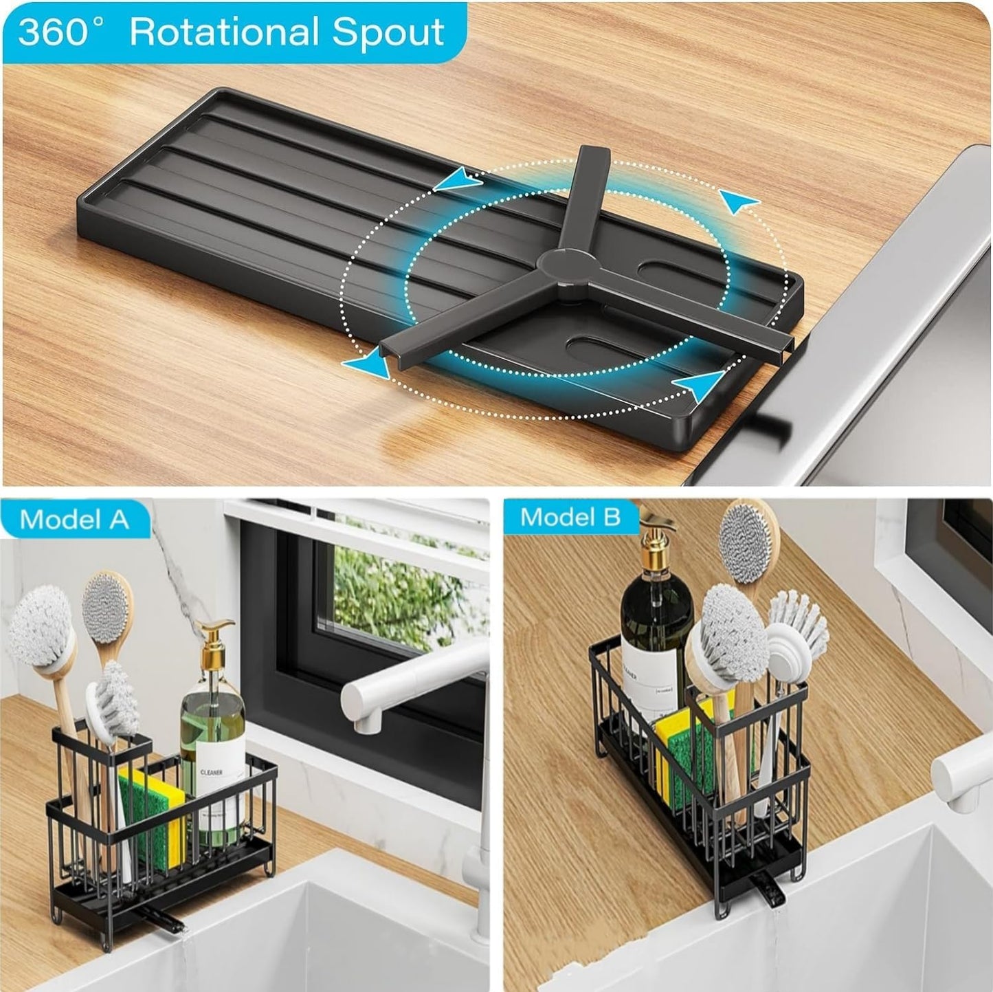 Sponge Holder for Kitchen Sink, Stainless Steel Sink Caddy with Auto Drain Tray, Kitchen Organizer with Towel Brush Holder for Countertop, Soap Dispenser Storage Accessories (Black Large)