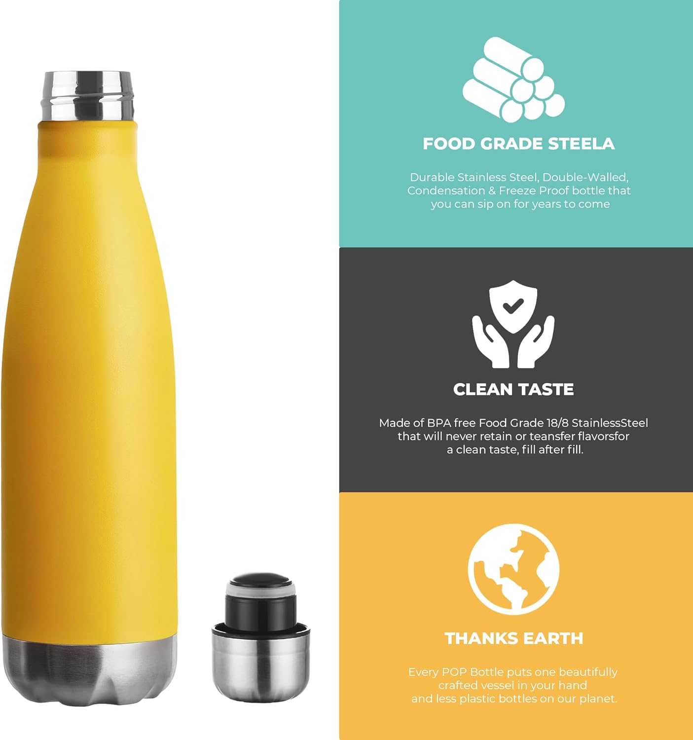 MEWAY 17oz Sport Water Bottle 8 Pack Vacuum Insulated Stainless Steel Leak-Proof Double Wall Cola Shape Water Bottle,Keep Drinks Hot & Cold (Yellow,8 Pack)