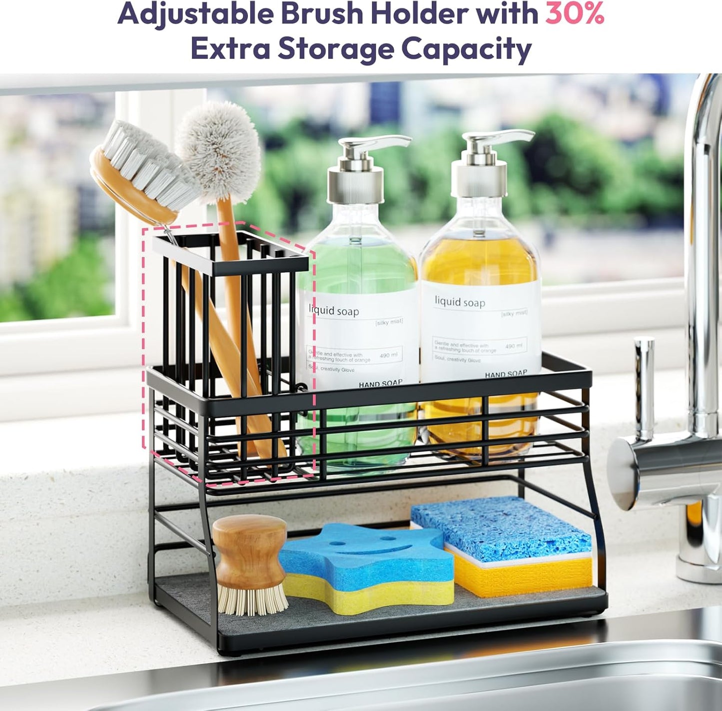 SWTYMIKI Sponge Holder for Kitchen Sink - 2 Tier Rustproof Sink Caddy with Instant Drying Stone, Removable Dish Brush Holder, Stainless Steel Kitchen Caddy for Coutertop Storage Accessories