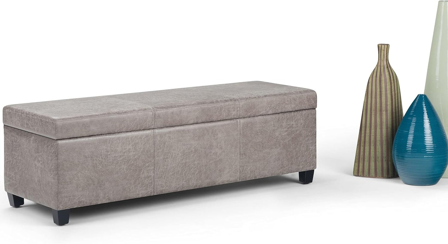 SIMPLIHOME Avalon 48 inch Wide Contemporary Rectangle Storage Ottoman Bench in Distressed Grey Taupe Vegan Faux Leather, Assembled, for the Living Room, Entryway and Family Room